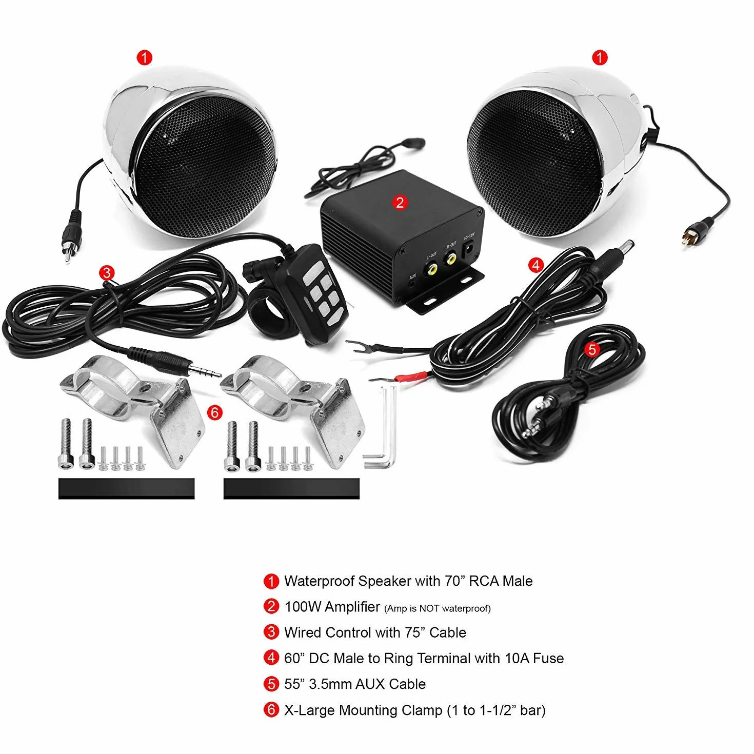 M150 Sistema de Audio con Amplificador de Motocicleta con AUX, MP3, Radio FM, 4 Pulgadas de Altavoces estéreo Bluetooth Impermeables para Motocicletas ATV UTV RZR (Cromo, Red)
