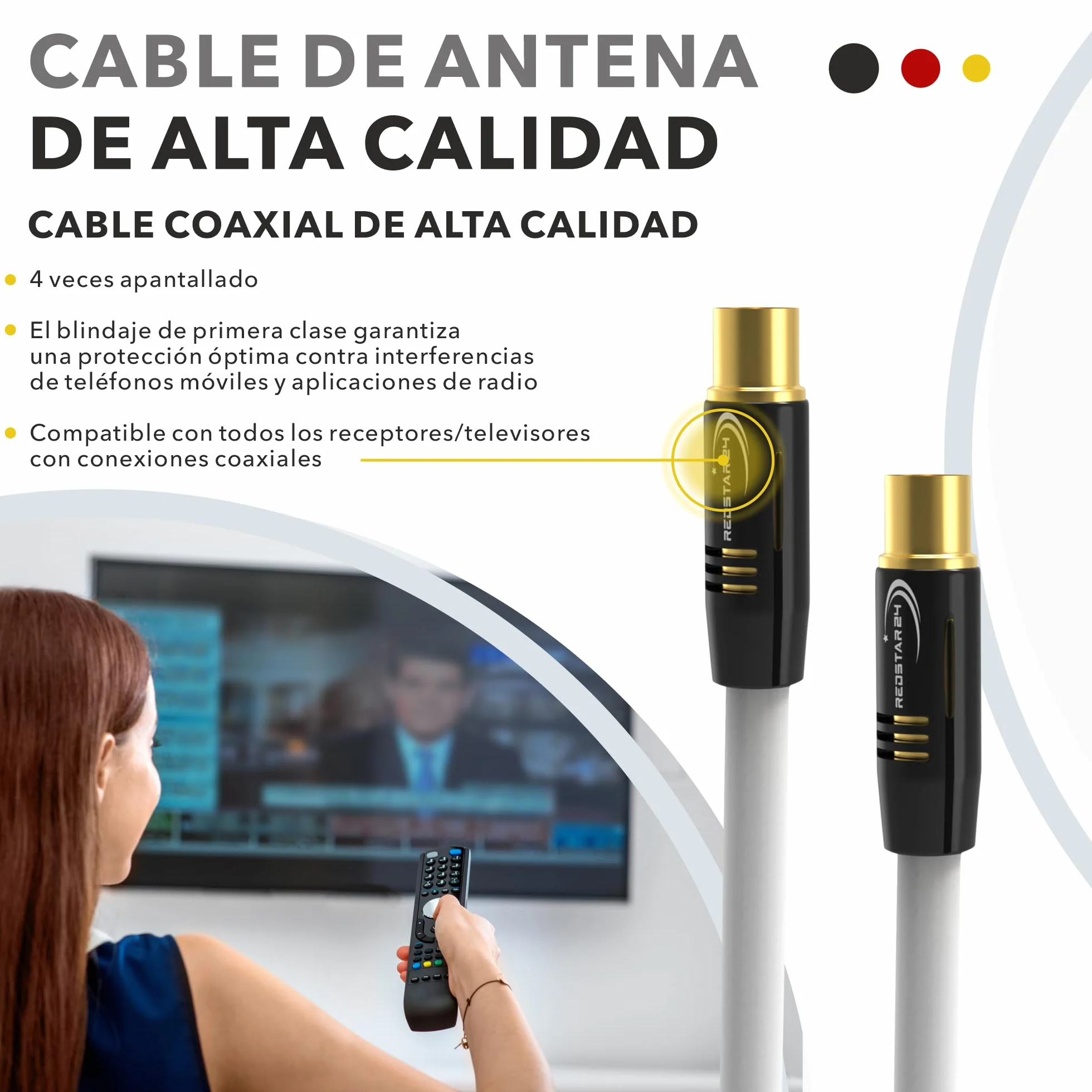 RedStar24 Cable de antena 30m Blanco – Macho a Hembra IEC – Cable Coaxial HDTV Premium para Televisión por Cable | Cable de TV: Compatible con TV, Radio, DVB-T/T2, DVB-C, DAB
