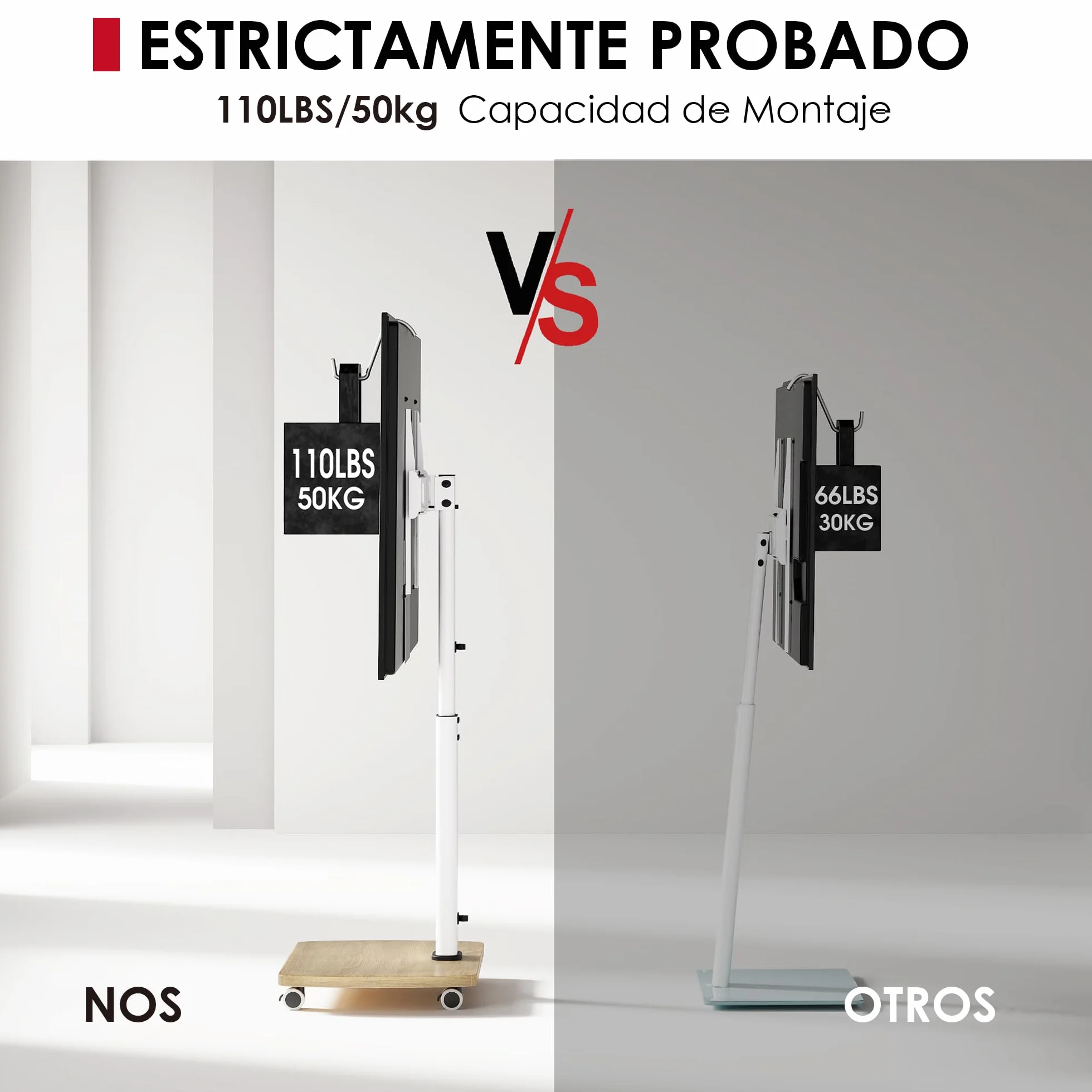 AOKCOS Soporte de suelo para TV móvil con estante de madera, soporte de TV con ruedas para televisores planos y curvados de 43 a 75 pulgadas de hasta 50 kg, altura ajustable, soporte giratorio para TV