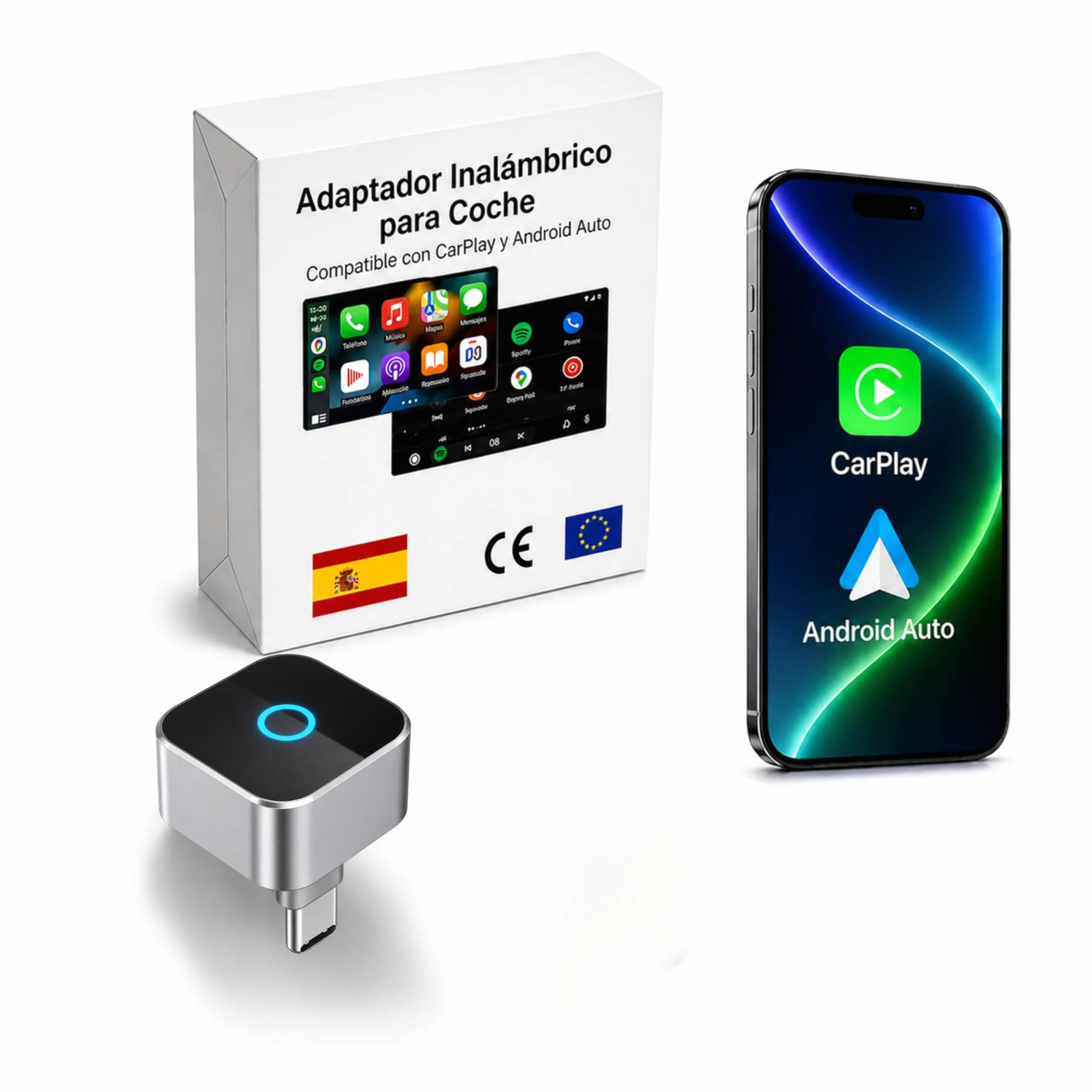 Adaptador CarPlay Inalámbrico 2 en 1. Android Auto inalámbrico USB compacto. Convierte carplay por cable en conexión sin cables rápida y estable Conexión automática en 5s Plug & Play (USB C)
