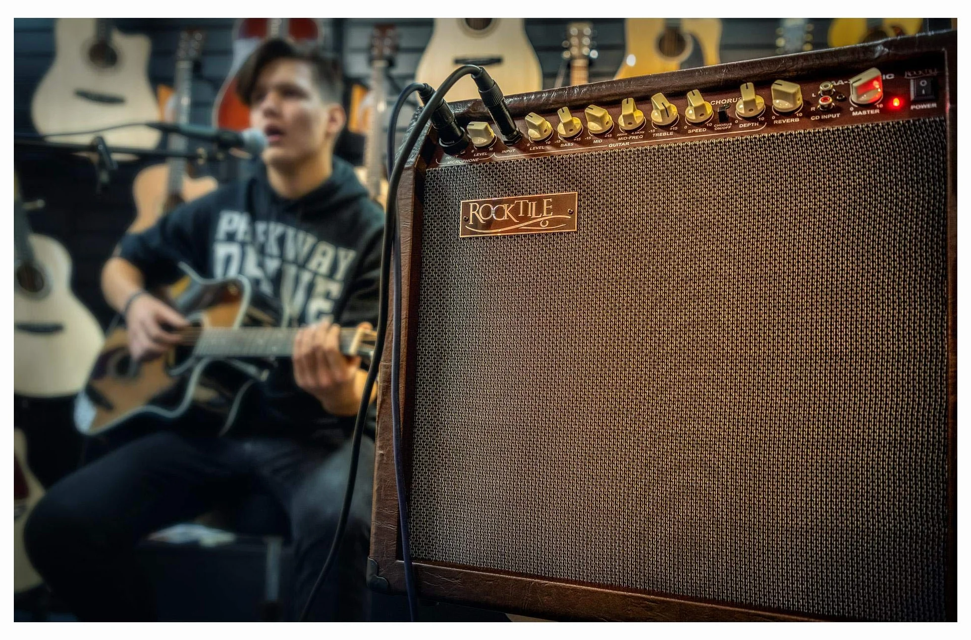 Rocktile AA-30 BN Eric Amplificador Acústico 30W, 2 Canales (Mic y Guitarra), Altavoz 10" + Tweeter 2.5", Entrada AUX, Salida línea, Efectos Chorus y Reverb, Color marrón.