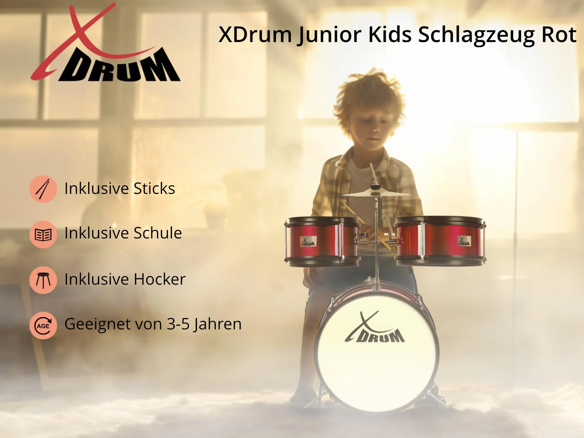 Batería XDrum Junior KIDS Incl. Escuela - Batería Compacta Para Niños - Para Niños De 3 A 5 Años - Montaje Muy Fácil - Con Escuela, Taburete, Baquetas Y Llave De Afinación - Roja