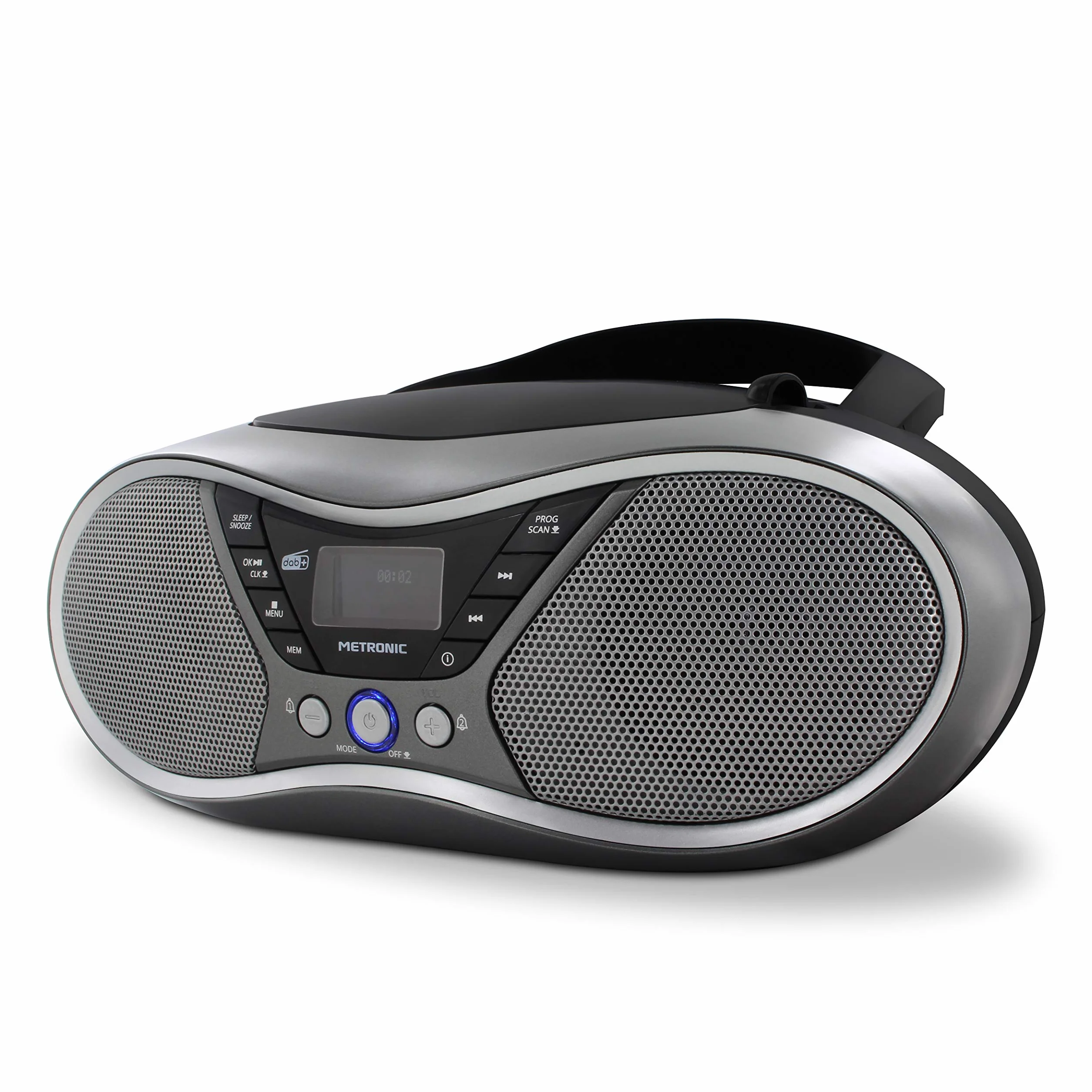 Metronic Radio CD portátil con USB MP3 FM RDS DAB+ entrada audio salida auricular doble alarma gris negro
