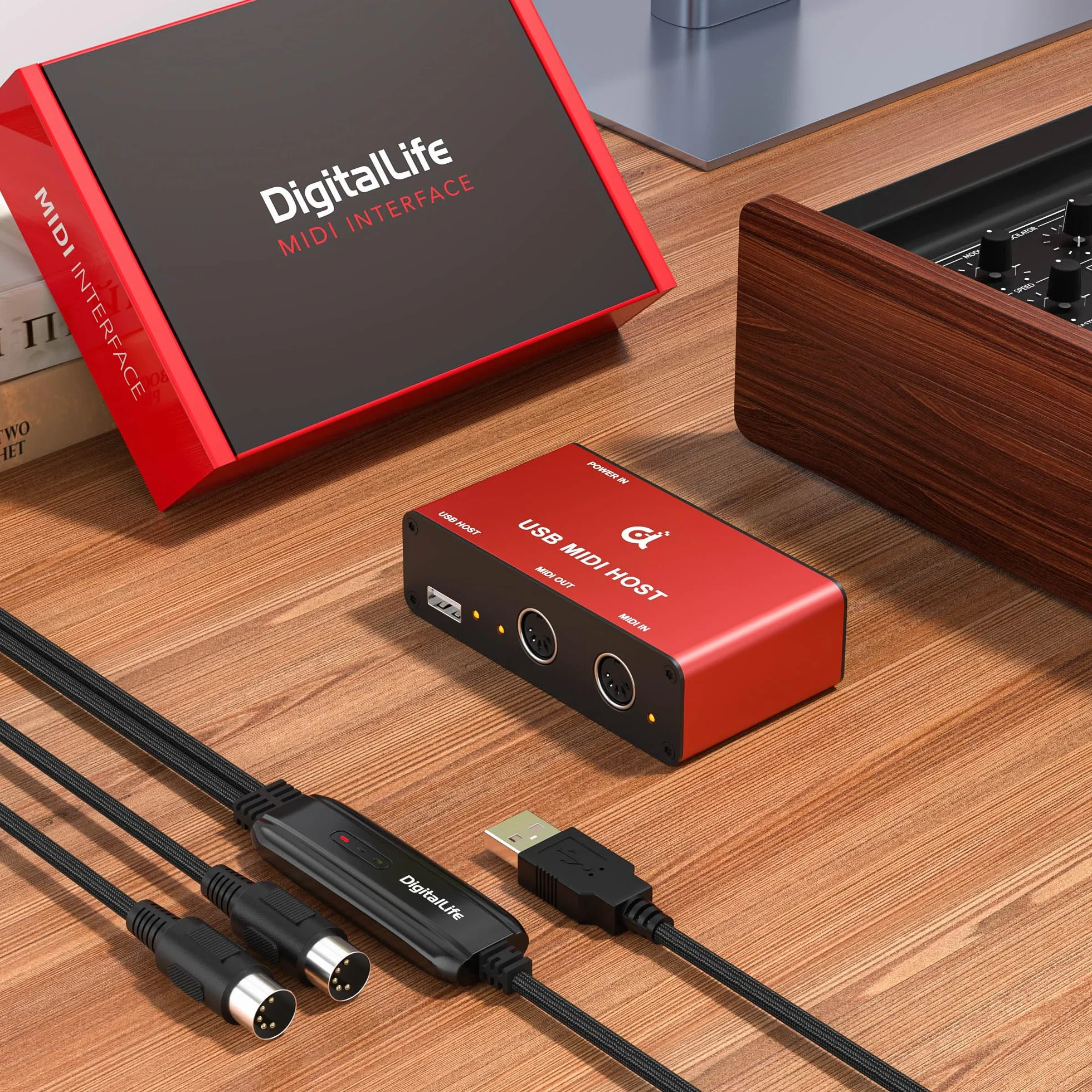 DigitalLife Serie BridgeCore | Interfaz MIDI USB Host Autónomo 1-In / 1-Out, DIN de 5 Pines, LED, Carcasa Metálica – Para Principiantes, Músicos de Estudio y Artistas en Vivo【Rojo 1 ud./paquete】