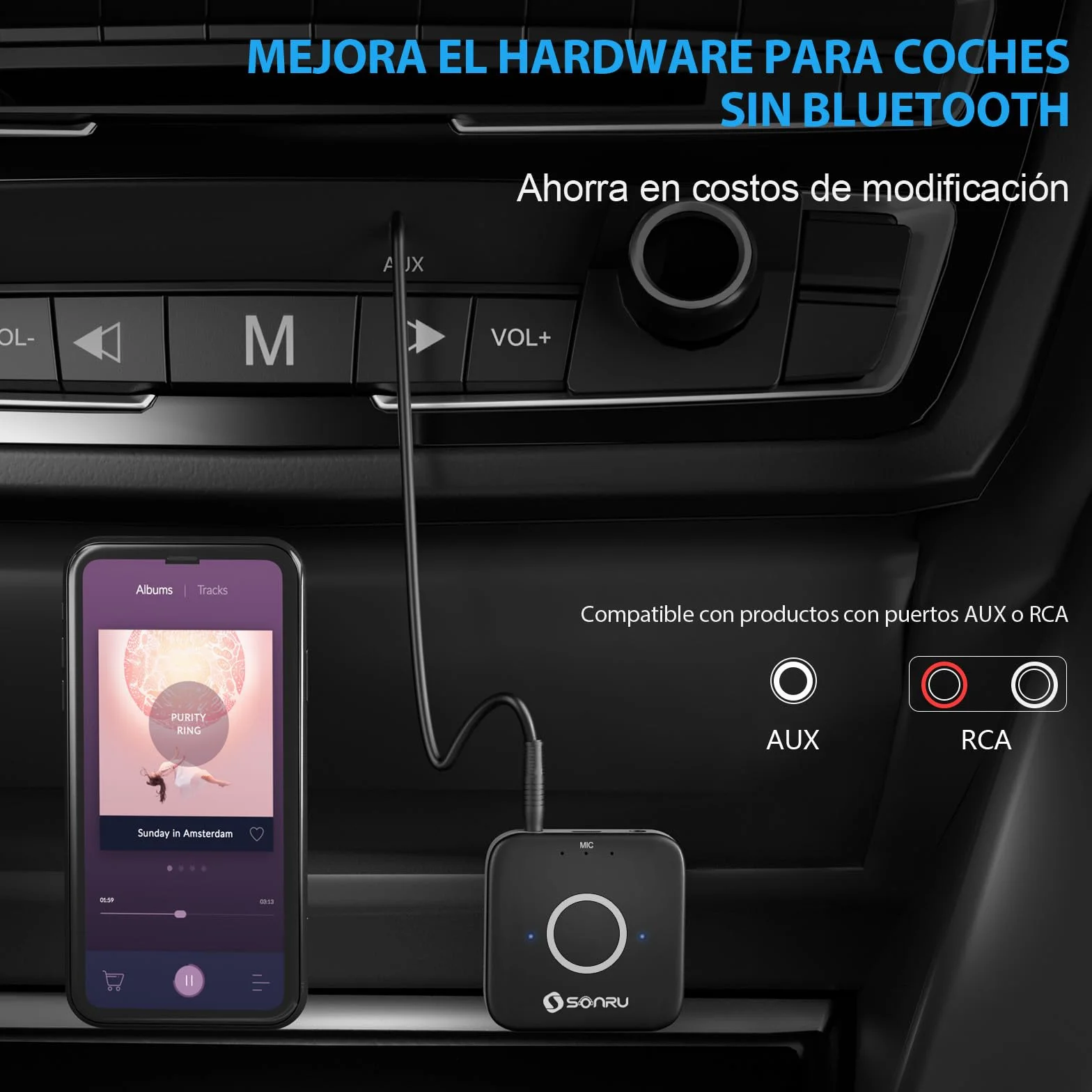 Receptor Bluetooth 5.3 HiFi, SONRU Adaptador Bluetooth Audio Inalámbrico Jack 3.5mm RCA Cable Salida AUX Dual para Estéreo Domestico/Altavoz/Amplificador