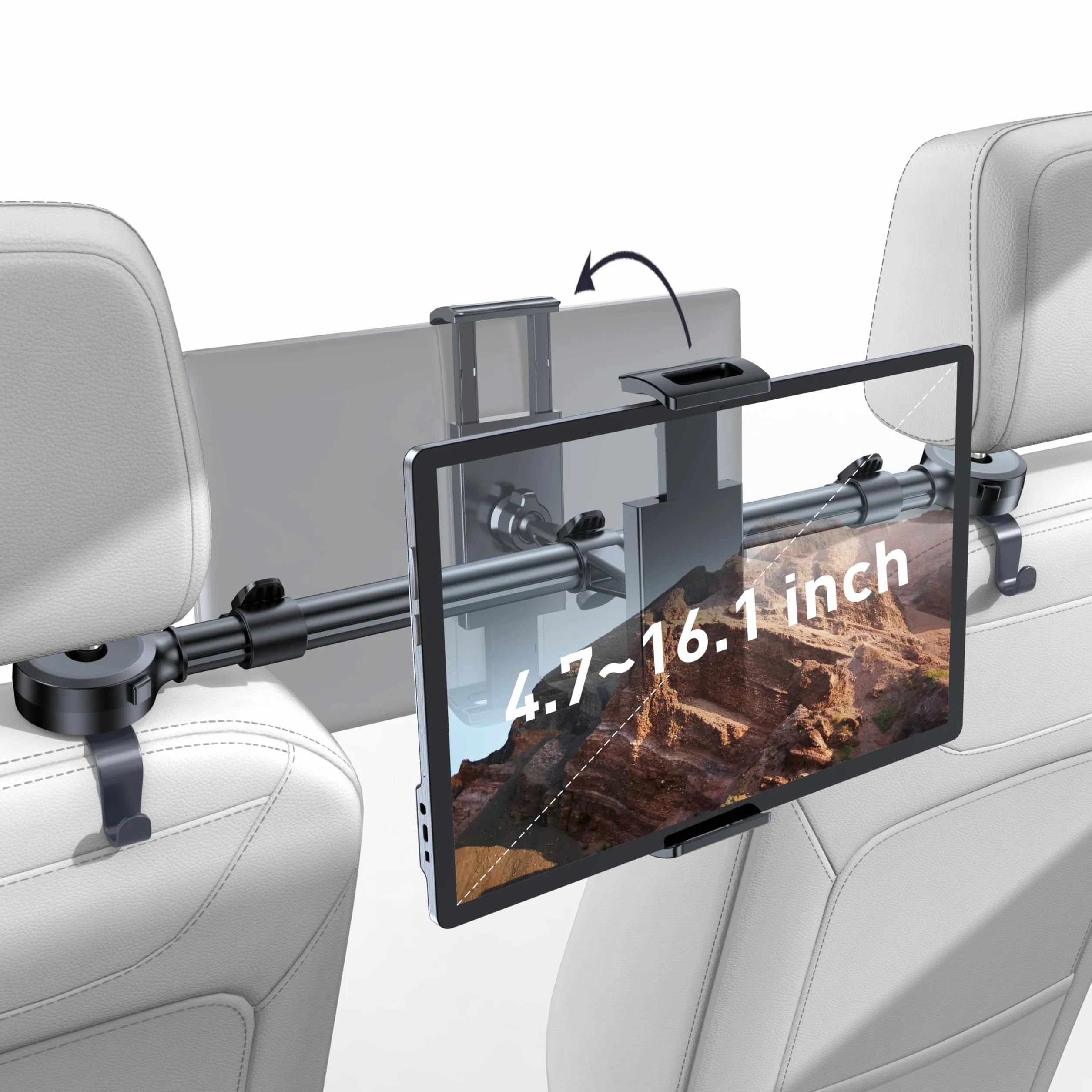 TRYONE Soporte Tablet Coche Reposacabezas [ Abatible Frontal y Trasero] Extensible Porta Accesorios Carro, Sujeta Camper para iPad, Tablet y Monitor/eReader/Switch/Otros 4,7-16.1Pulgadas/con 2 Ganchos