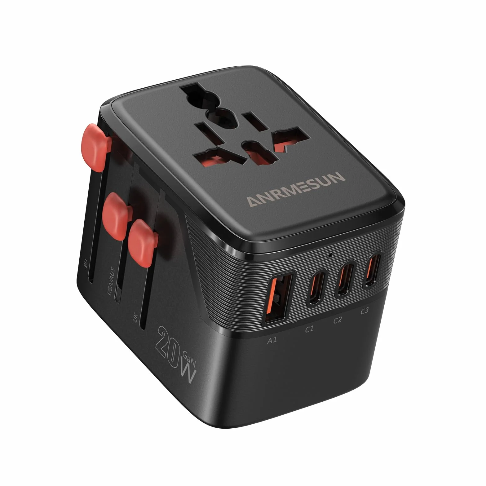 Adaptador Enchufe Universal, Internacional Adaptador de Viaje con 3 USB-C(PD 20W) y 1 USB-A, Enchufe Viaje para EU, UK, Americano, Japon, Australia, Negro