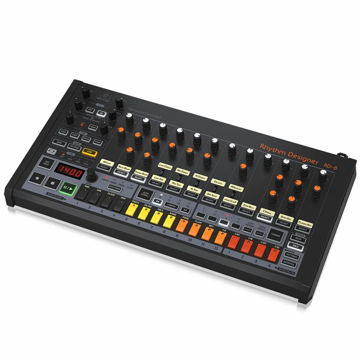 Behringer RHYTHM DESIGNER RD-8 MKII Caja de ritmos analógica clásica con 16 sonidos de batería, secuenciador de 64 pasos, diseñador de ondas y filtro de modo dual