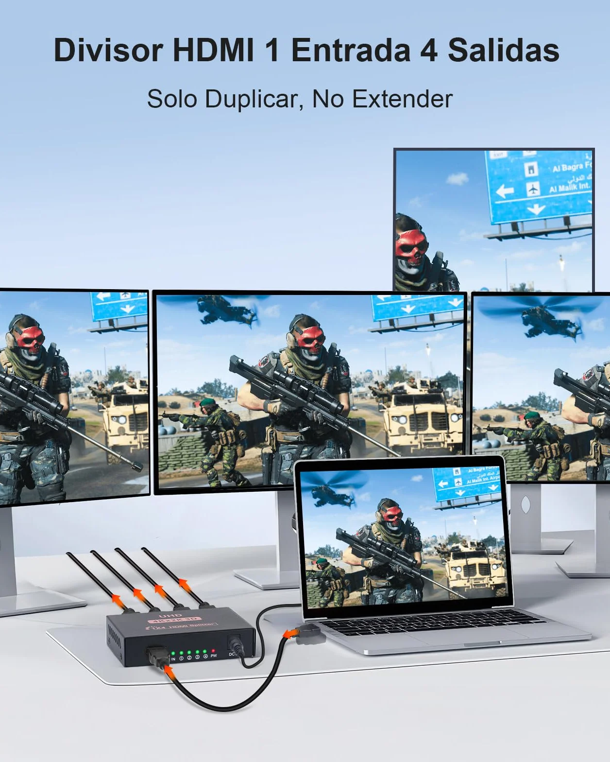 L'Puluva HDMI Splitter 1 in 4 out, Splitter 4K para 4 Monitores, Distribución 4 Vías, Adaptador HDMI Múltiple para PC, Laptop, HDTV, Proyector, 1 Entrada 4 Salidas, Solo Espejo, Sin Extender