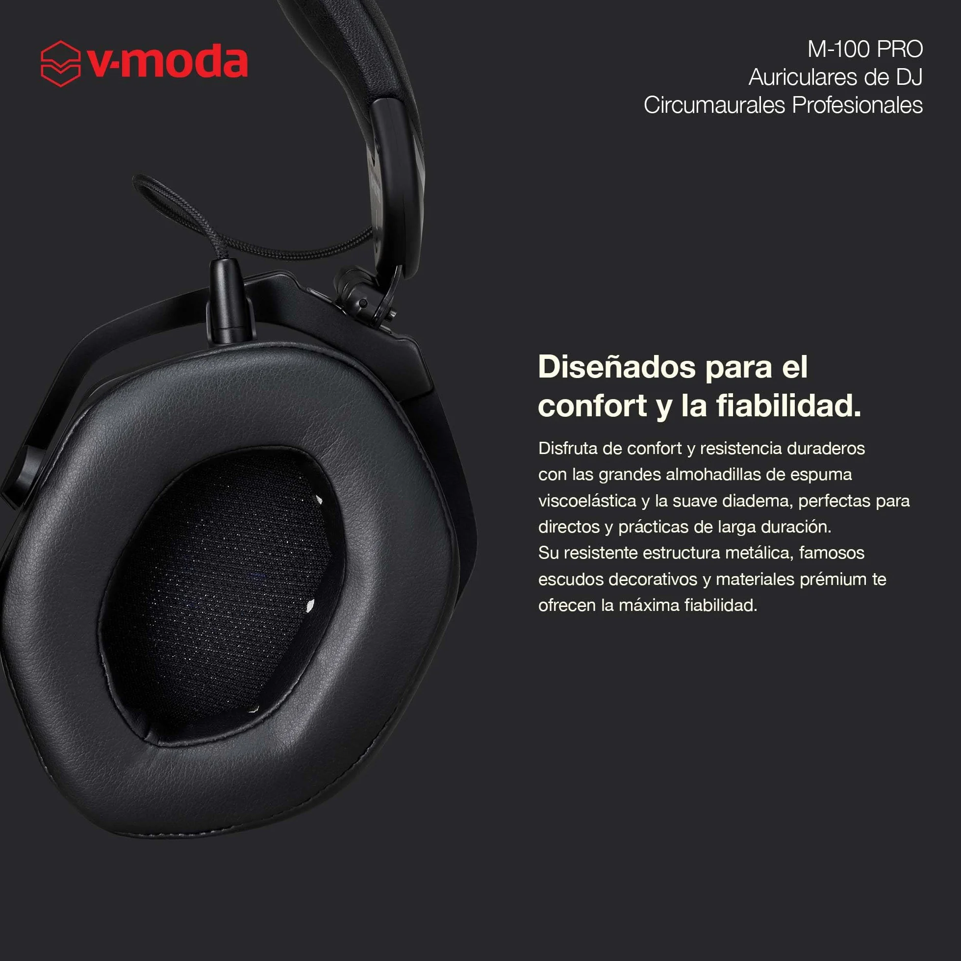 V-Moda M-100 PRO | Auriculares de DJ circumaurales profesionales | Diseñados para DJ profesionales y música rítmica | Aislamiento sonoro superior | Escucha por un oído | Confort duradero