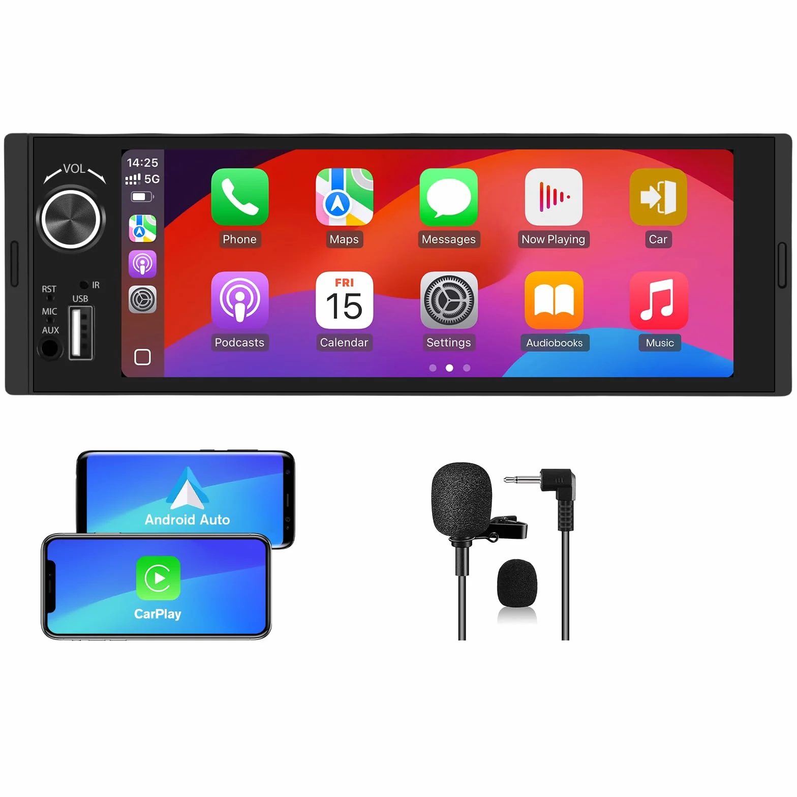 AWESAFE Universal 1 DIN Radio de Coche con Pantalla Táctil 6.36 Pulgadas, con CarPlay/AndroidAuto/Admite Carga Type-C/USB/Micrófono/FM/EQ/WiFi/GPS/Bluetooth/USB/SWC