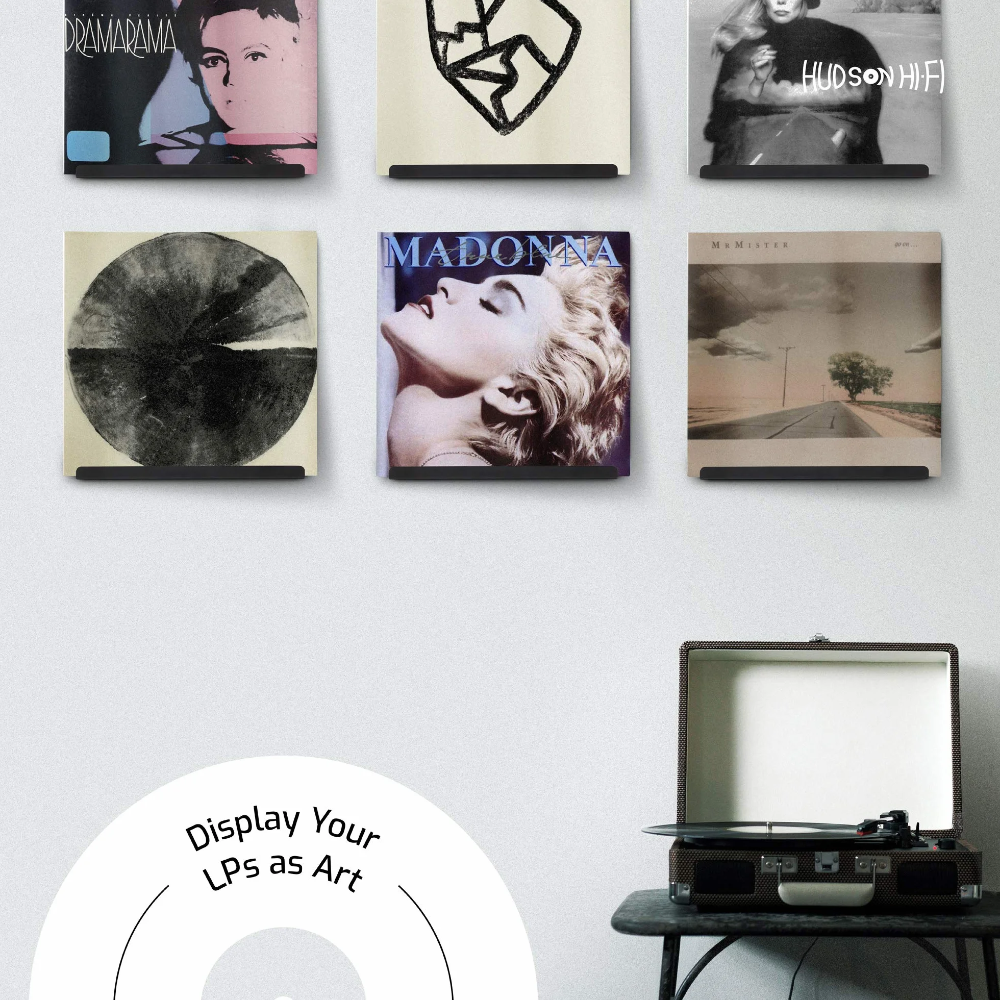 Hudson Hi-Fi Estantes de pared de vinilo LP para grabar – Muestra tu escucha diaria con estilo – negro satinado – Paquete de seis