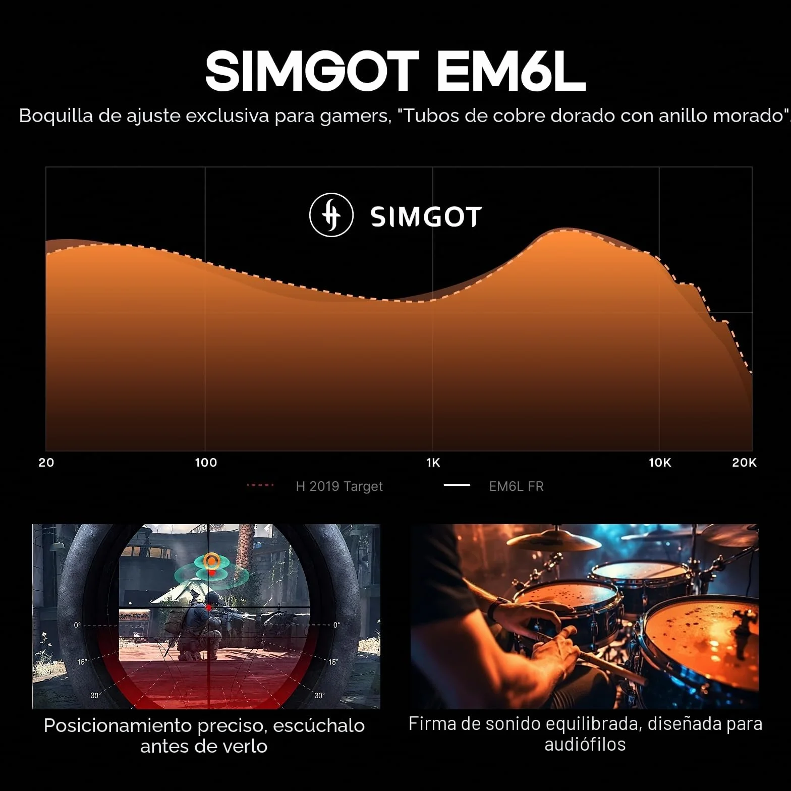 LINSOUL SIMGOT EM6L Monitor de Altavoces Híbrido con Carcasa 3D, Auriculares HiFi In-Ear, Cable OFC Plateado Extraíble (Negro, EM6L)