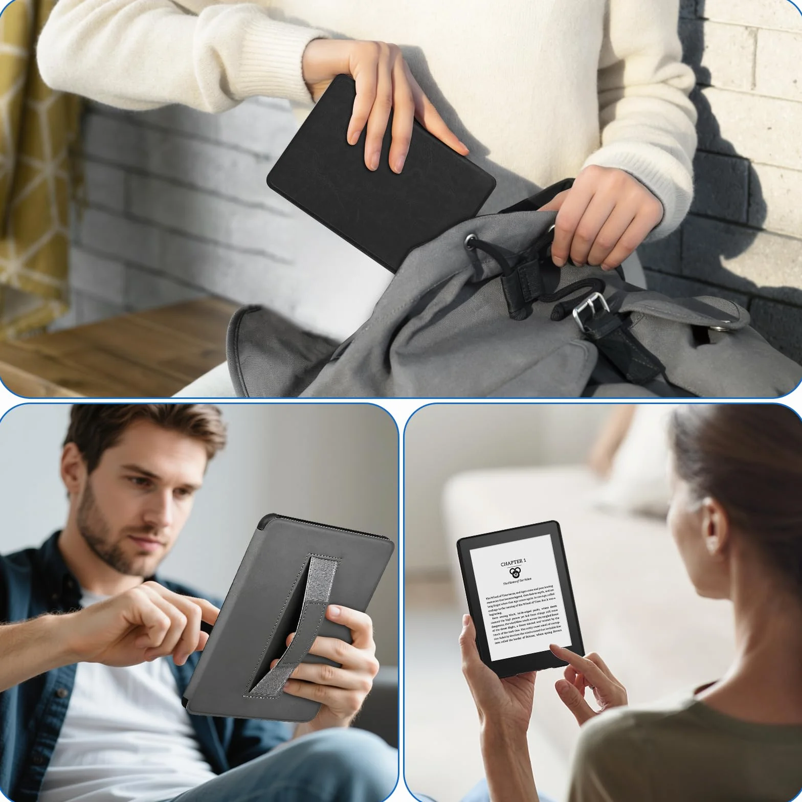 Funda para 6 Pulgadas e-Reader 2024/2022 Ebook Reader 6", Carcasa Funda Ligera con Correa de Mano, Auto Sueño/Estela, Premium PU Funda de Cuero für 6" eReader, Negro