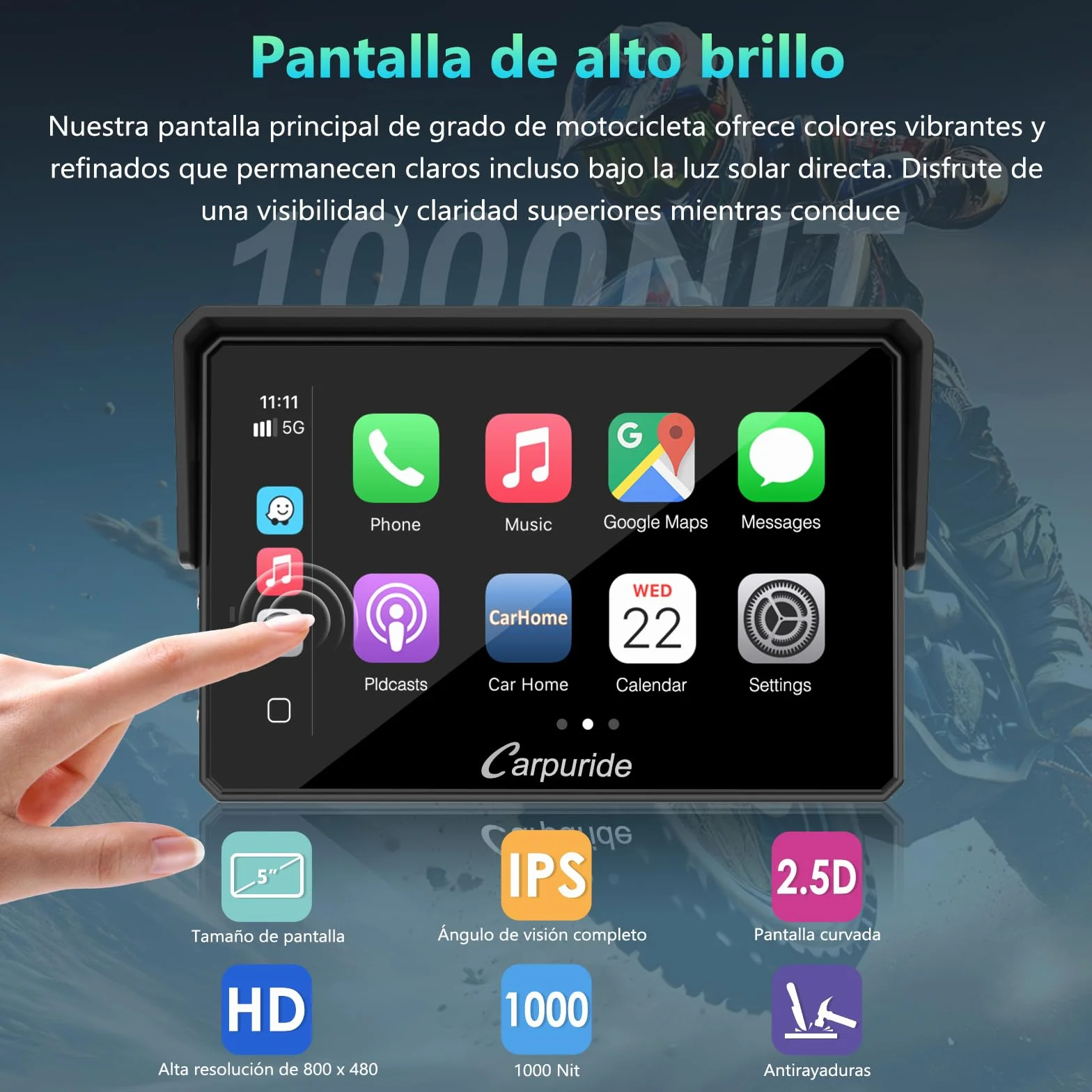 CARPURIDE W502BS Pro CarPlay Android Auto para Motocicletas, Pantalla GPS 5 Pulgadas Impermeable Bluetooth Dual