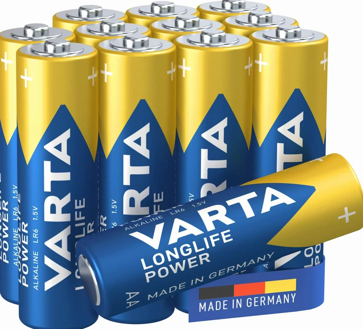 Varta Pila Longlife Power AA LR6 (paquete de 12 unidades), pila alcalina - «Made in Germany» - Adecuado para juguetes, linternas, mandos y otros aparatos que funcionan con pilas