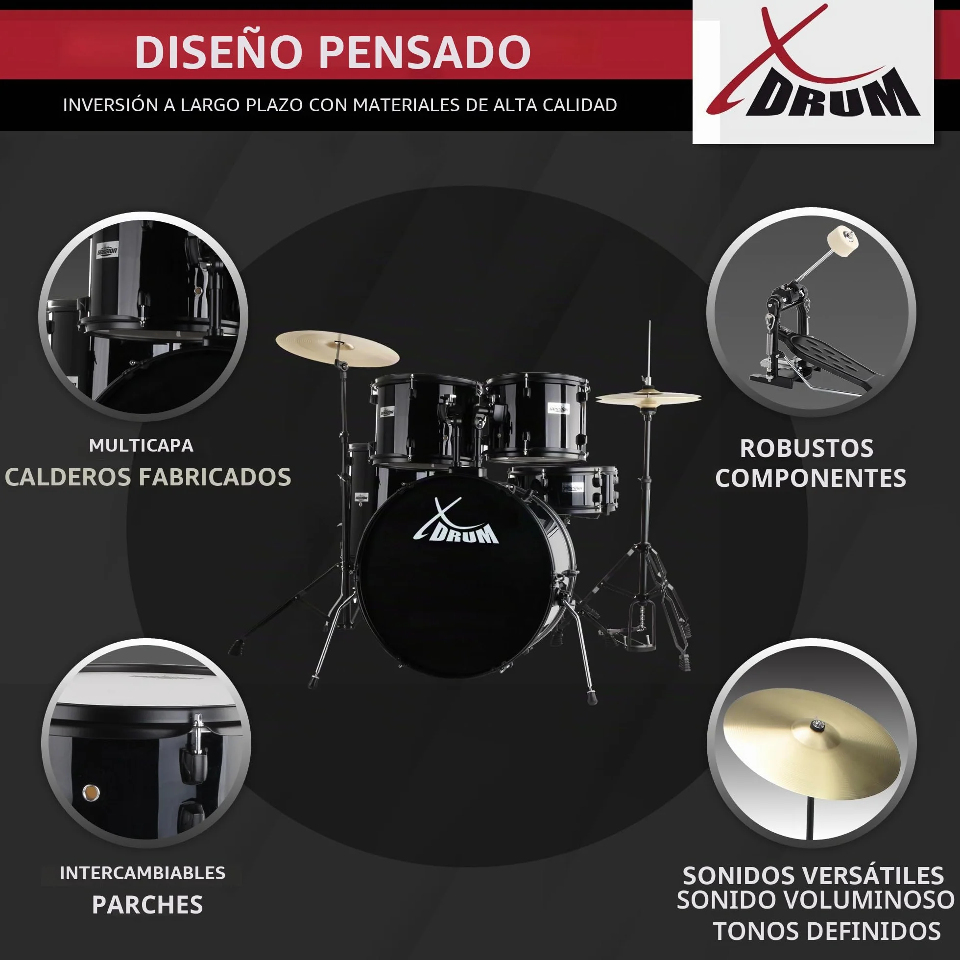 XDrum Rookie 22" Fusion Set Completo de Batería Black - Ideal para Principiantes - Hardware Estilizada en Negro - Incluye Baquetas, Manual de Montaje y Escuela de Batería - Negro