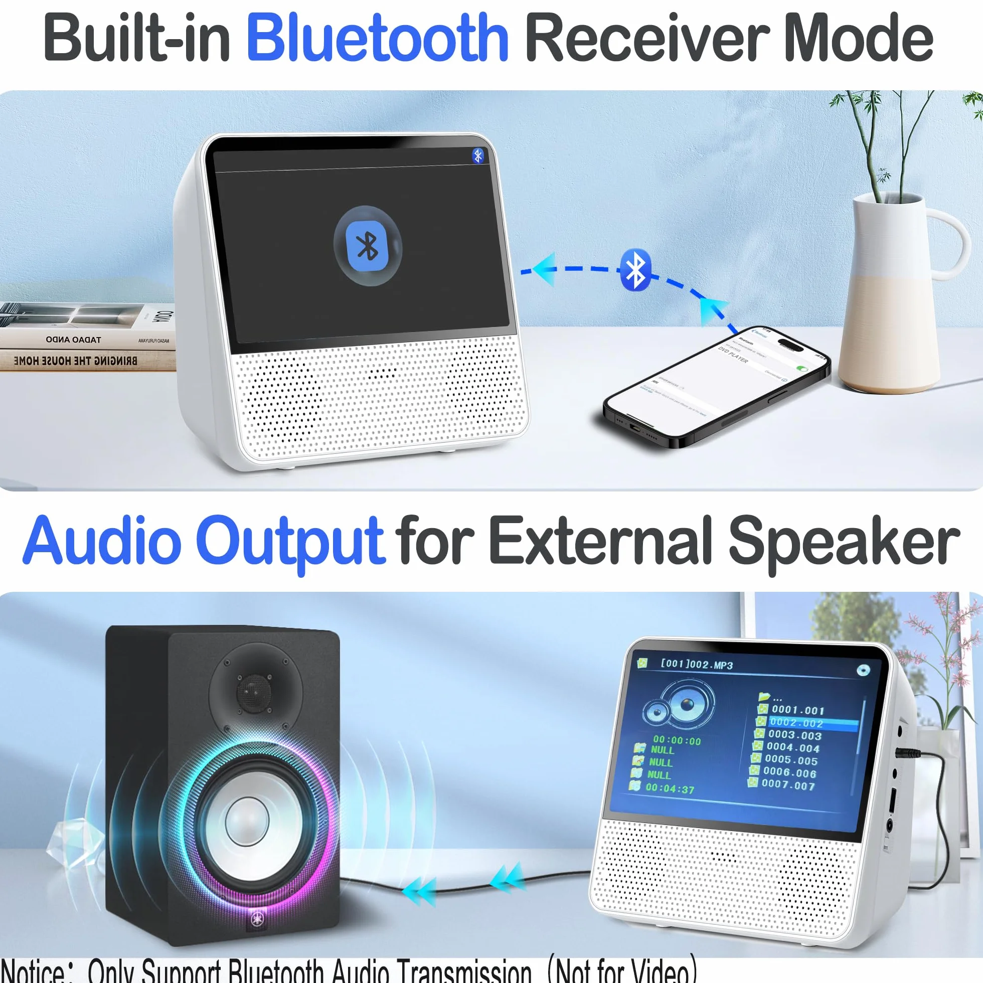 Reproductor DVD Portátil Bluetooth 4000mAh Recargable Región Libre para Coche con Altavoces Dobles Compatible CD USB