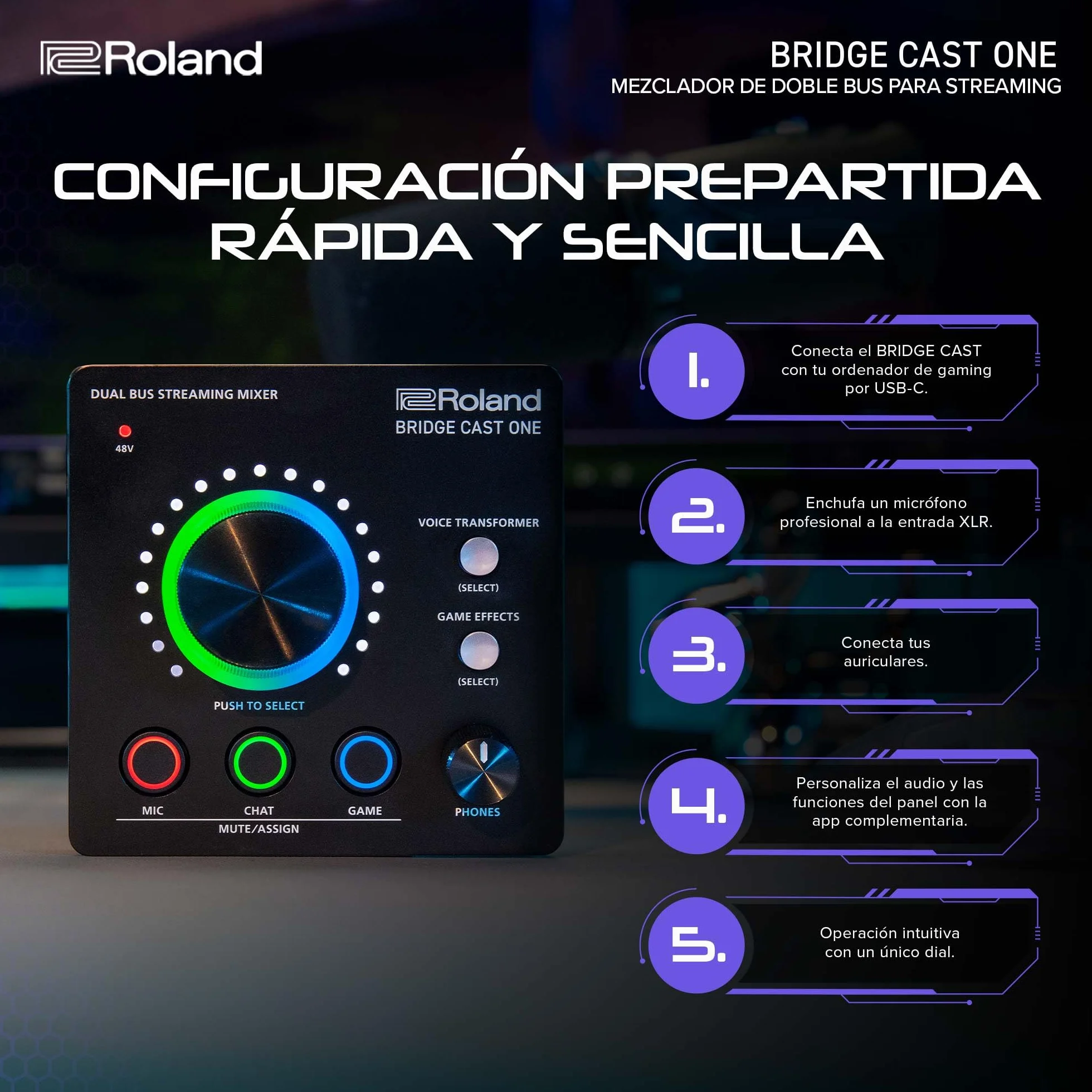 Roland Mezclador de doble bus para streaming BRIDGE CAST ONE | Compacto mezclador para streaming de audio | Para gamers online y creadores de contenido | DSP de hardware de 32 bits