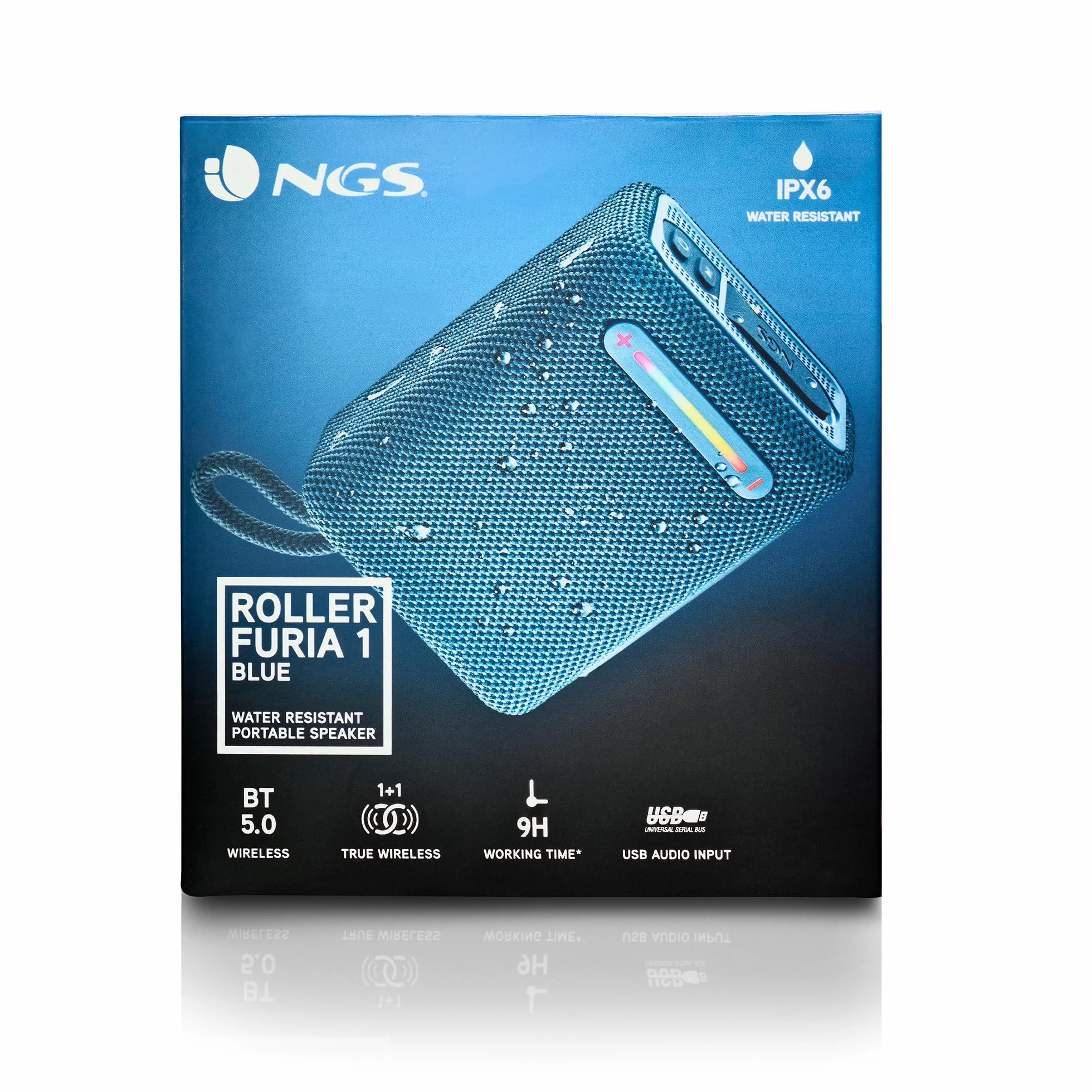 NGS Roller Furia 1 Blue - Altavoz Portátil Compatible con Tecnología Bluetooth, Luces RGB, Impermeabilidad IPX6, 15 W, True Wireless, USB, Duración Batería 9 Horas, Azul