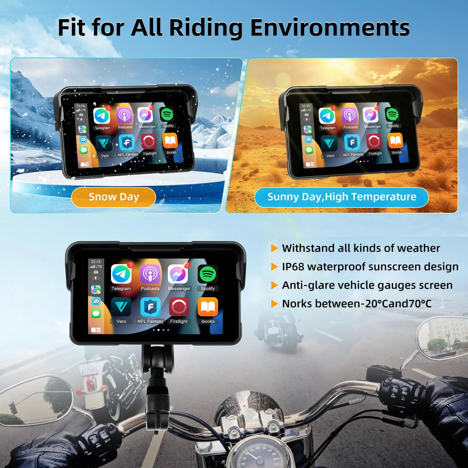 Pantalla Carplay Portátil para Motocicleta, Carplay Inalámbrico y Android Auto para Motocicleta, Pantalla Táctil Impermeable IP68 de 5" para Motocicleta, Compatible con GPS, Enlace Espejo, Bluetooth