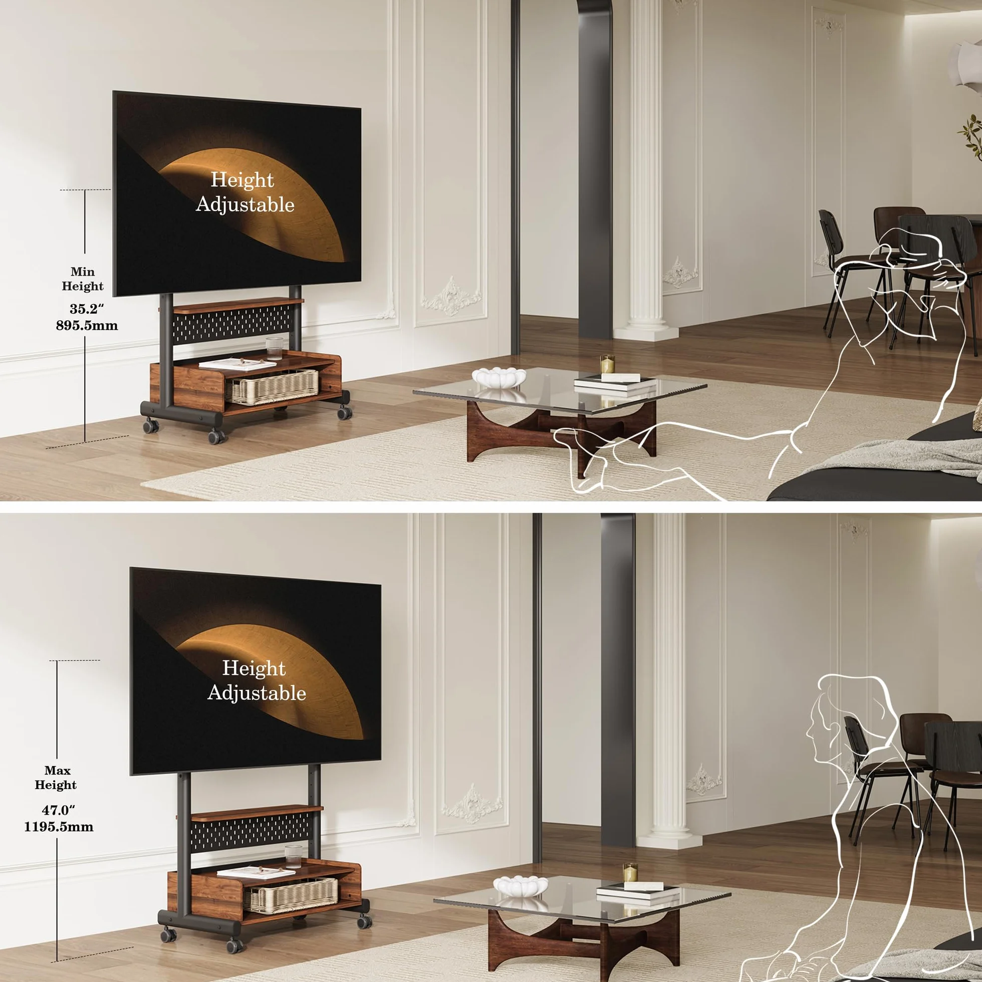 FITUEYES Soporte TV con Ruedas para Pantallas de 40 a 85 Pulgadas,MAX Carga de 60kg,Soporte TV Móvil con Mueble de Madera y Tablero Perforado,Altura Ajustable y Gestión de Cable,Serie K
