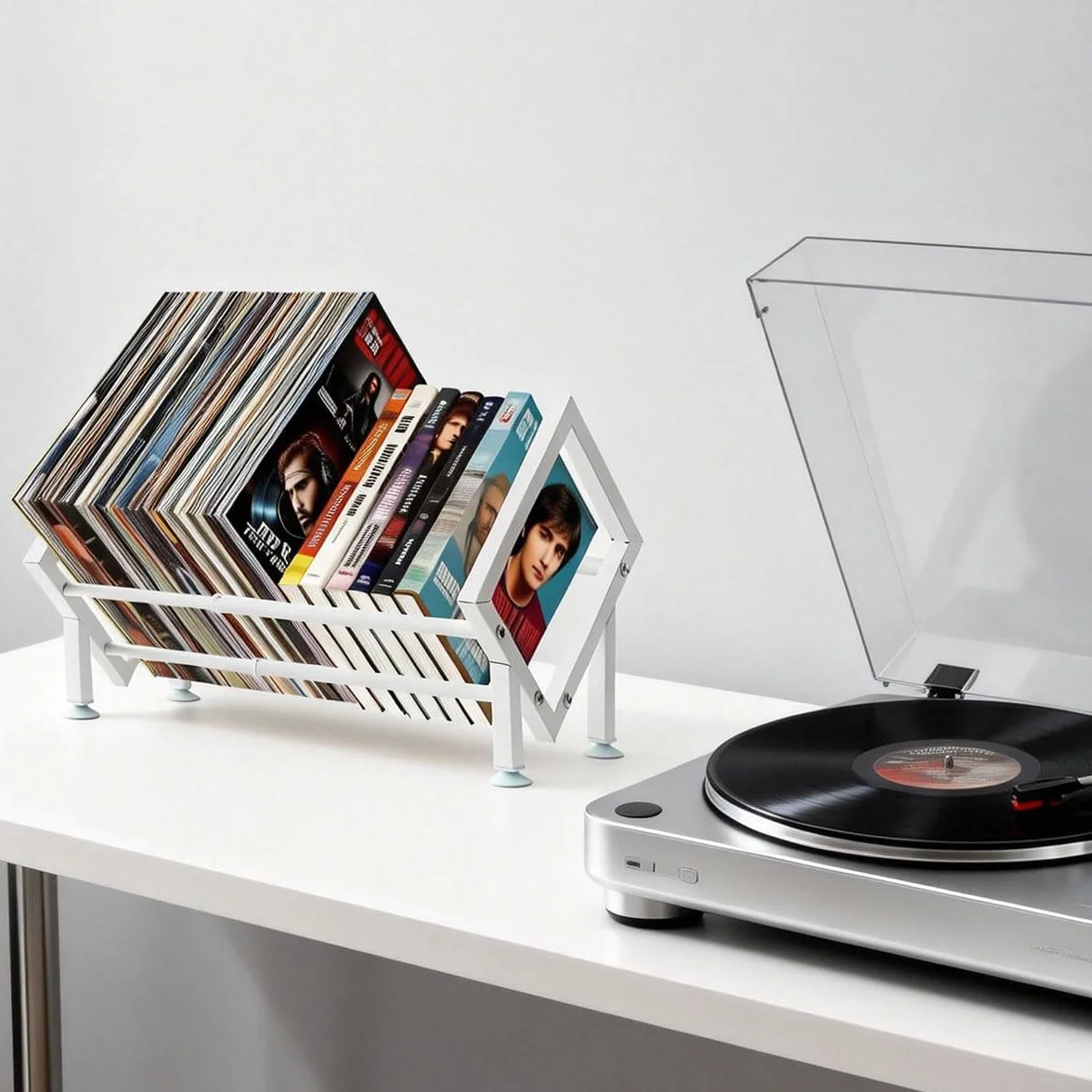 Soporte Vinilos Metal, Porta Discos Vinilo Extensible para 80-100 LPs, Organizador Vinyl Records Mesa, Estante Vinilos para CD, álbumes, Revistas, Libros (Blanco)