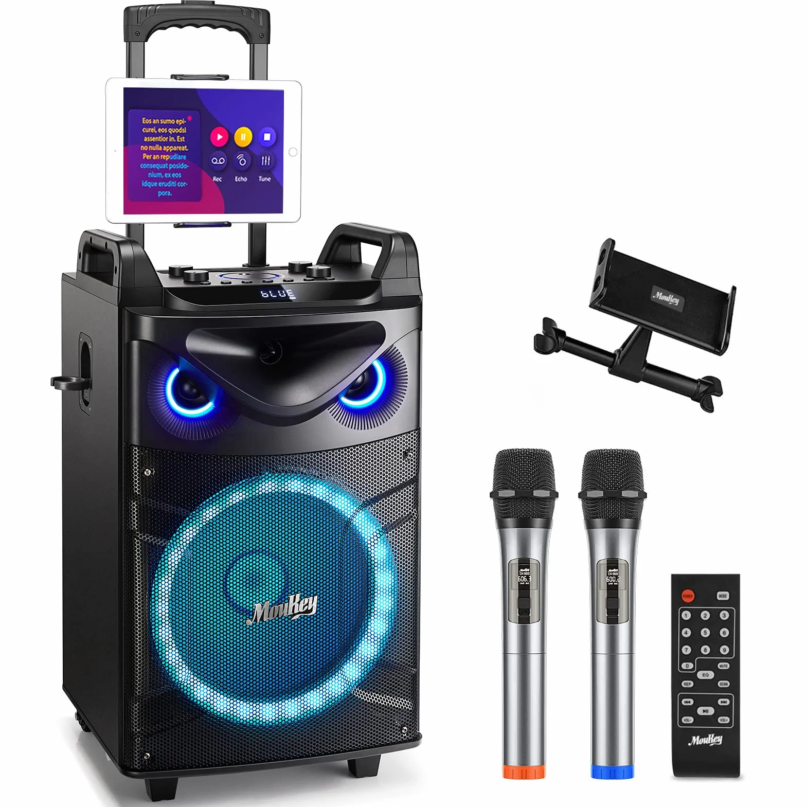 Moukey Altavoz Karaoke con 2 Micrófonos Inalámbricos, Máquina de Karaoke Bluetooth Portátil con Luces de Fiesta, Ajuste de eco/agudos/graves, 12" Woofer Sistema PA Soporte TWS/REC/AUX IN/MP3/USB/TF/FM