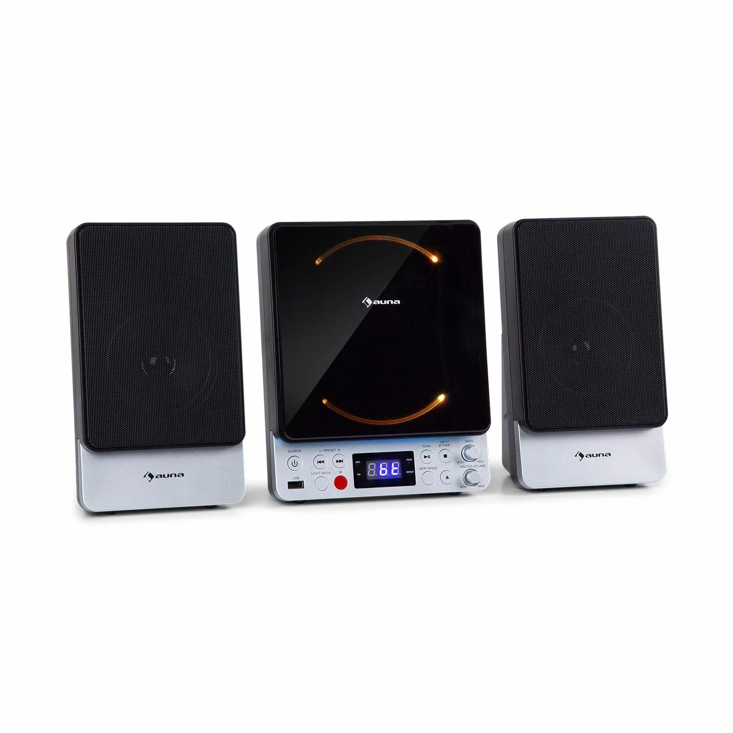 auna Microstar – Minicadena de música Vertical, Reproductor de CD, Bluetooth, Altavoces estéreo, USB, Pantalla LCD, iluminación LED, Vertical o en Pared, Entrada AUX/Salida de vídeo, Plateado
