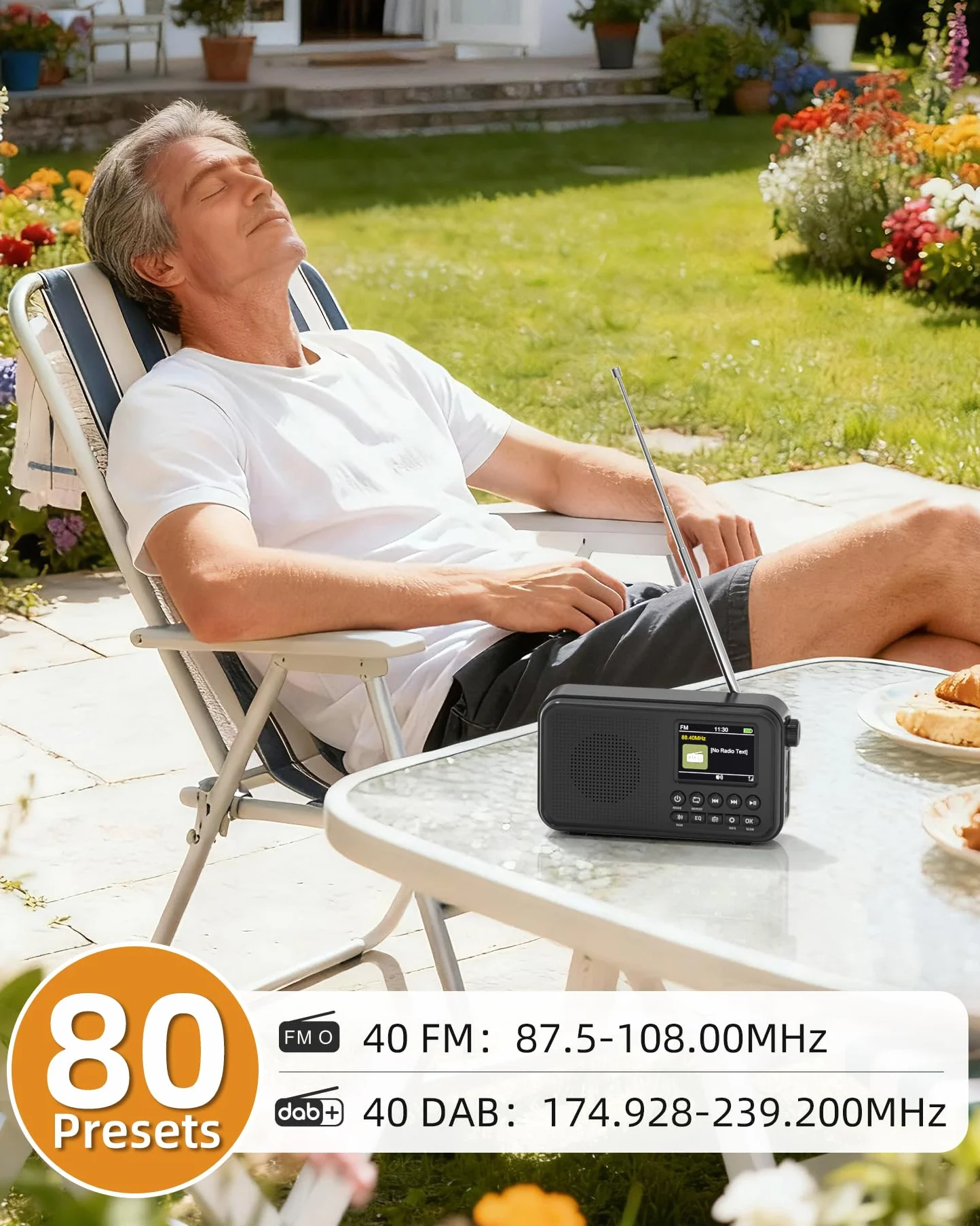 Mesqool Radio Digital Dab&FM con Bluetooth, Batería Recargable de 3000mAh, Compatibilidad con Tarjetas TF de 64GB, Carga Tipo C, Toma de Auriculares, 40 Presintonías FM & 40 Dab, Doble Alarma