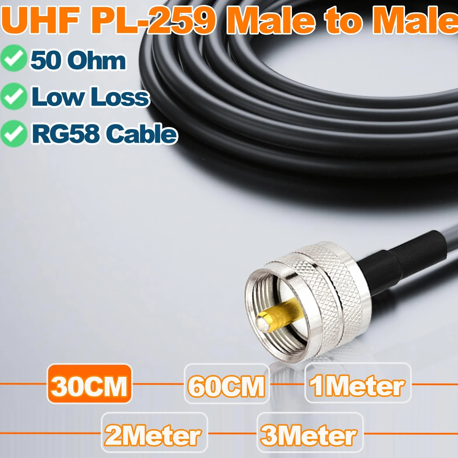 Bingfu Cable Coaxial de Extensión UHF PL259 Macho a Macho RG58 30cm para Radioaficionado