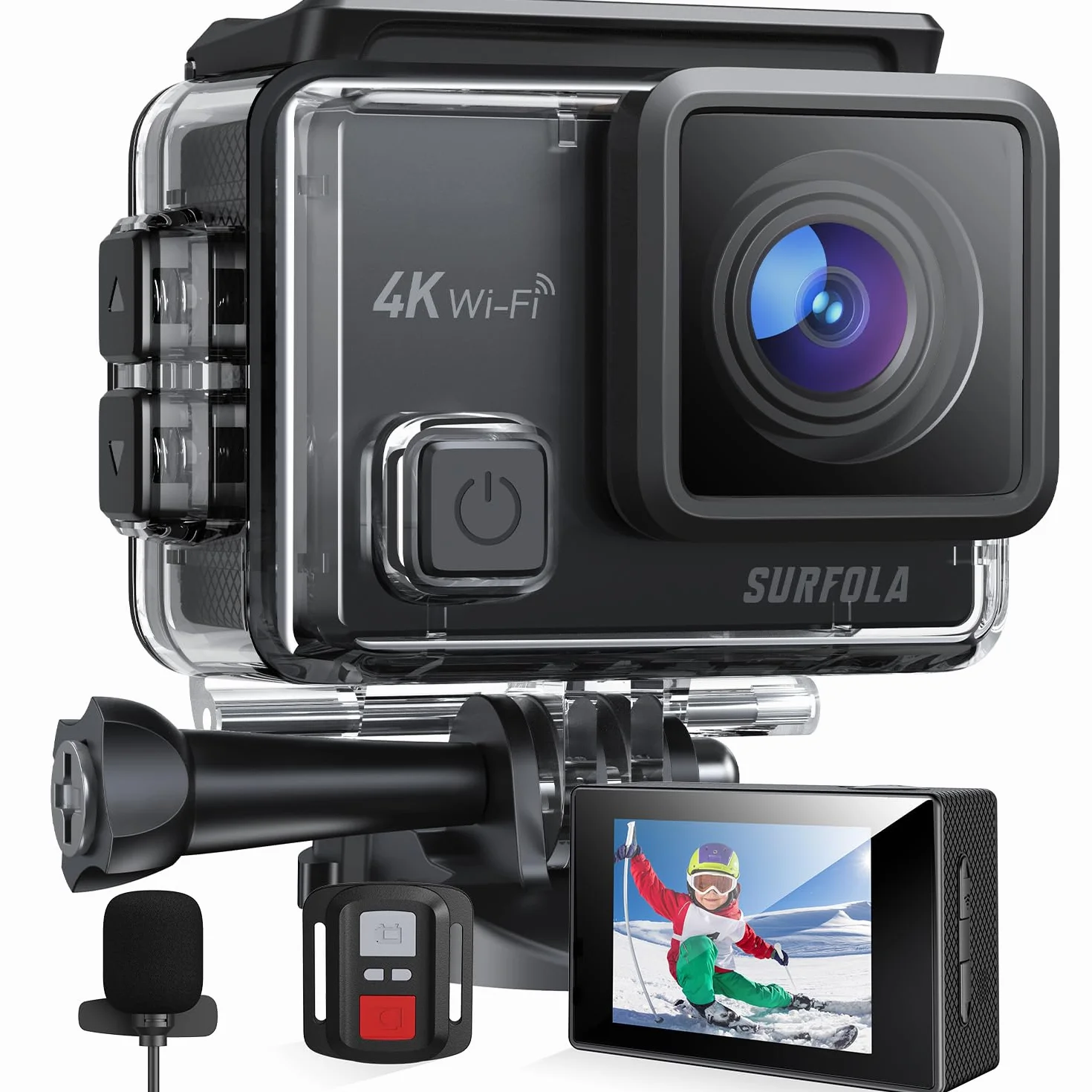 Surfola Cámara Deportiva 4K 30FPS 20MP WiFi EIS Antivibración Subacuática 40M Micrófono Dual Control Remoto 2 Baterías