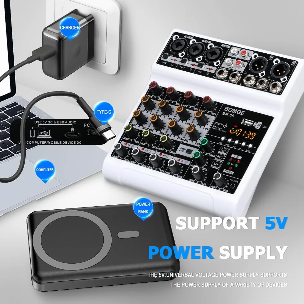 BOMGE Mezclador de audio, consola de mezcla de placa de sonido con 5 canales digitales USB Bluetooth Echo Delay Effect, mezcladores de DJ estéreo con 48V Phantom Power para grabación, transmisión en