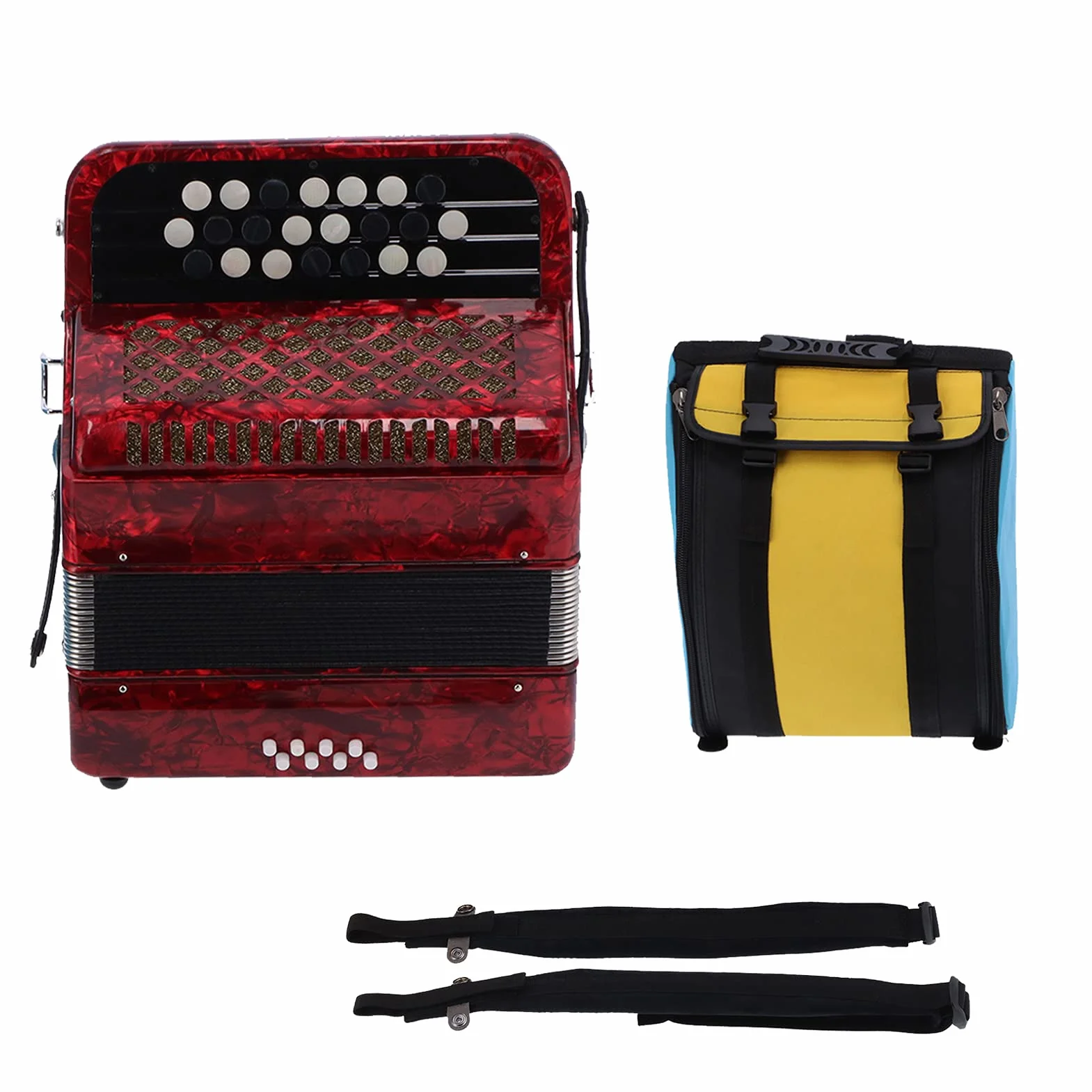 Acordeón Profesional de 22 Teclas y 8 Bajos, Botón y Negro, Cambiadores de Voz Ajustables, Cómodos, Sensibles, ABS, Madera, Metal, Caña, Celuloide, Mochila, Correas, (rojo)