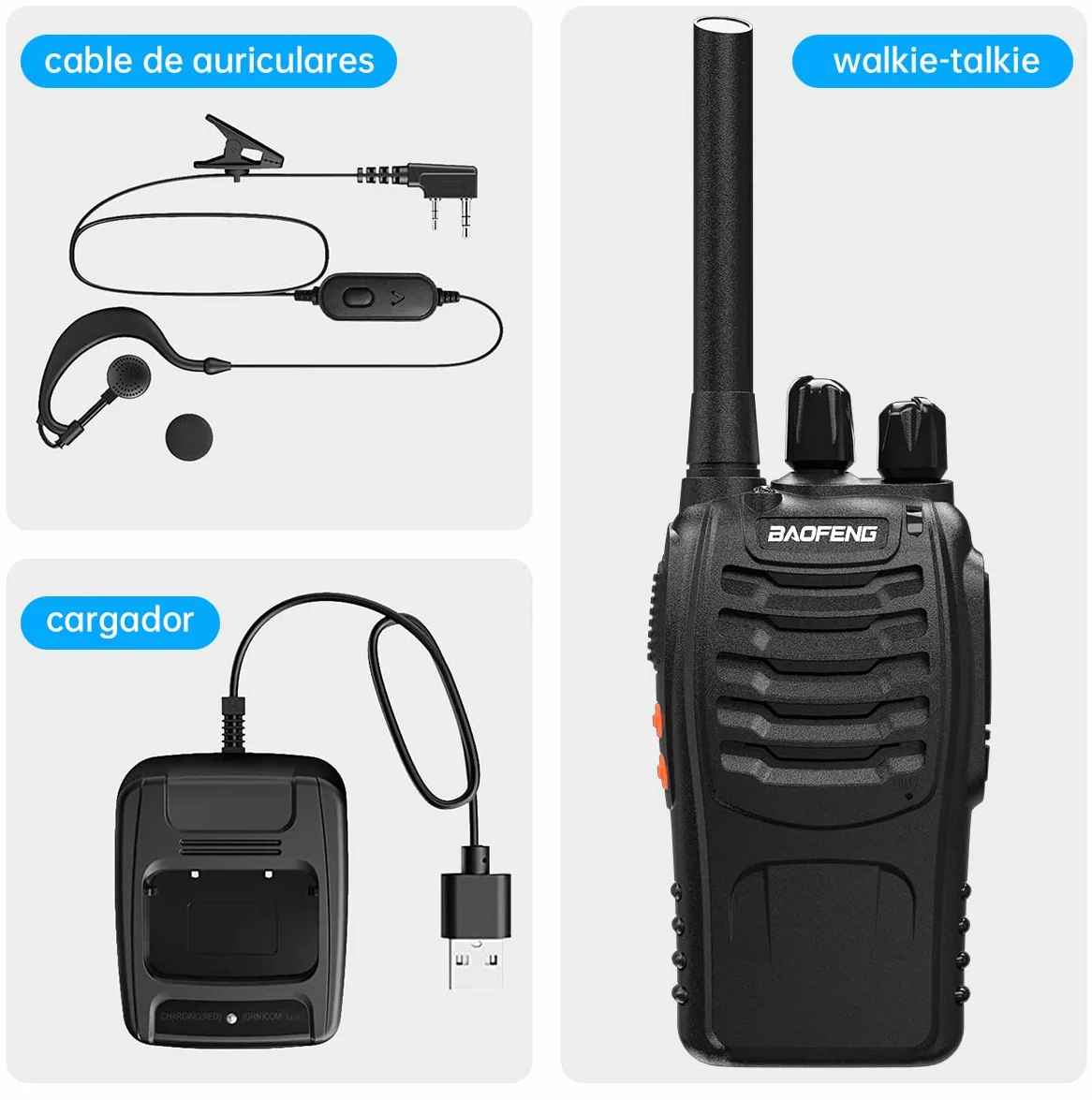 Baofeng Walkie Talkie Profesional PMR Radiocomunicación USB Recargable 16 Canales de Larga Distancia Portátil Walkie Talkies con Auriculares y Luz LED (Negro, 1 Pare)