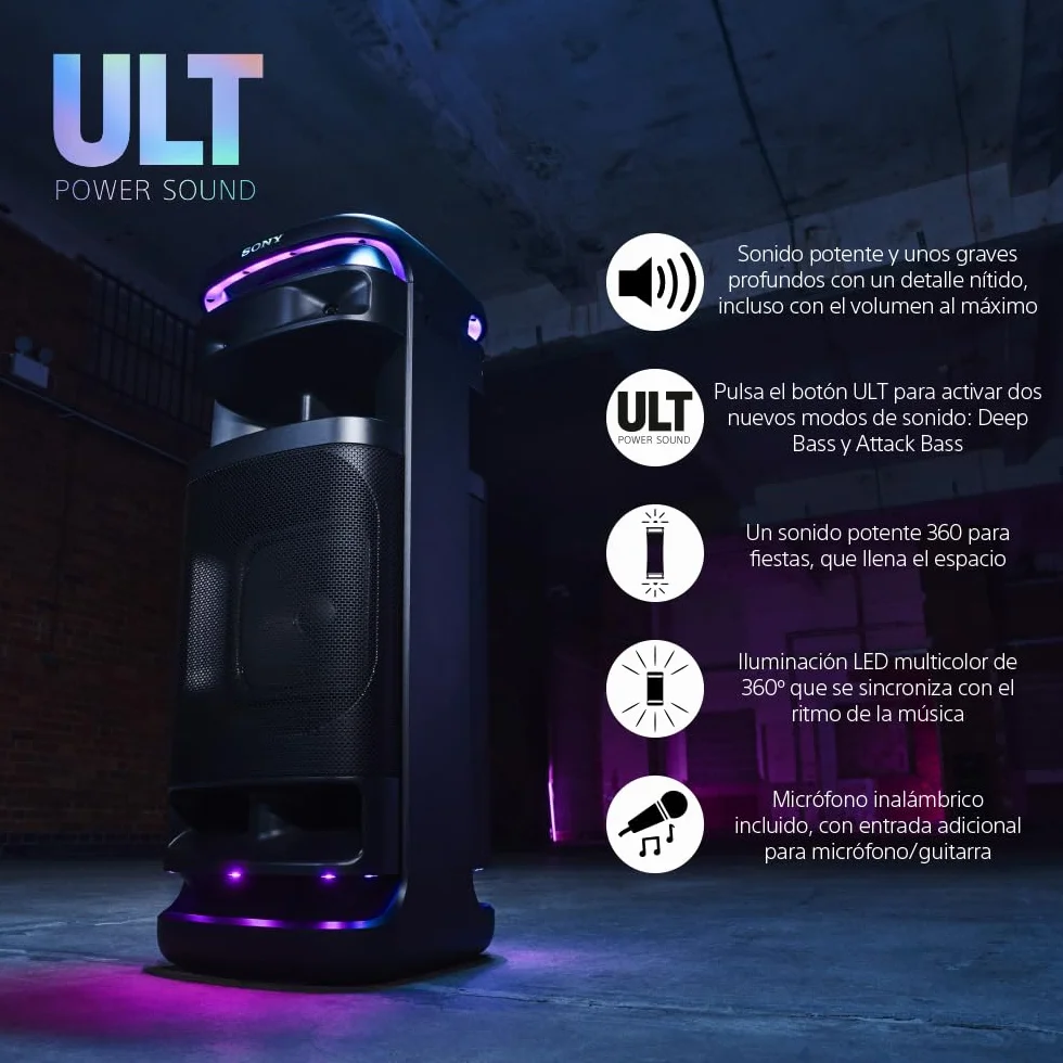 Sony ULT TOWER 10, altavoz bluetooth para fiestas con ULT POWER SOUND, Deep Bass, X-Balanced, LED 360, micrófono inalámbrico