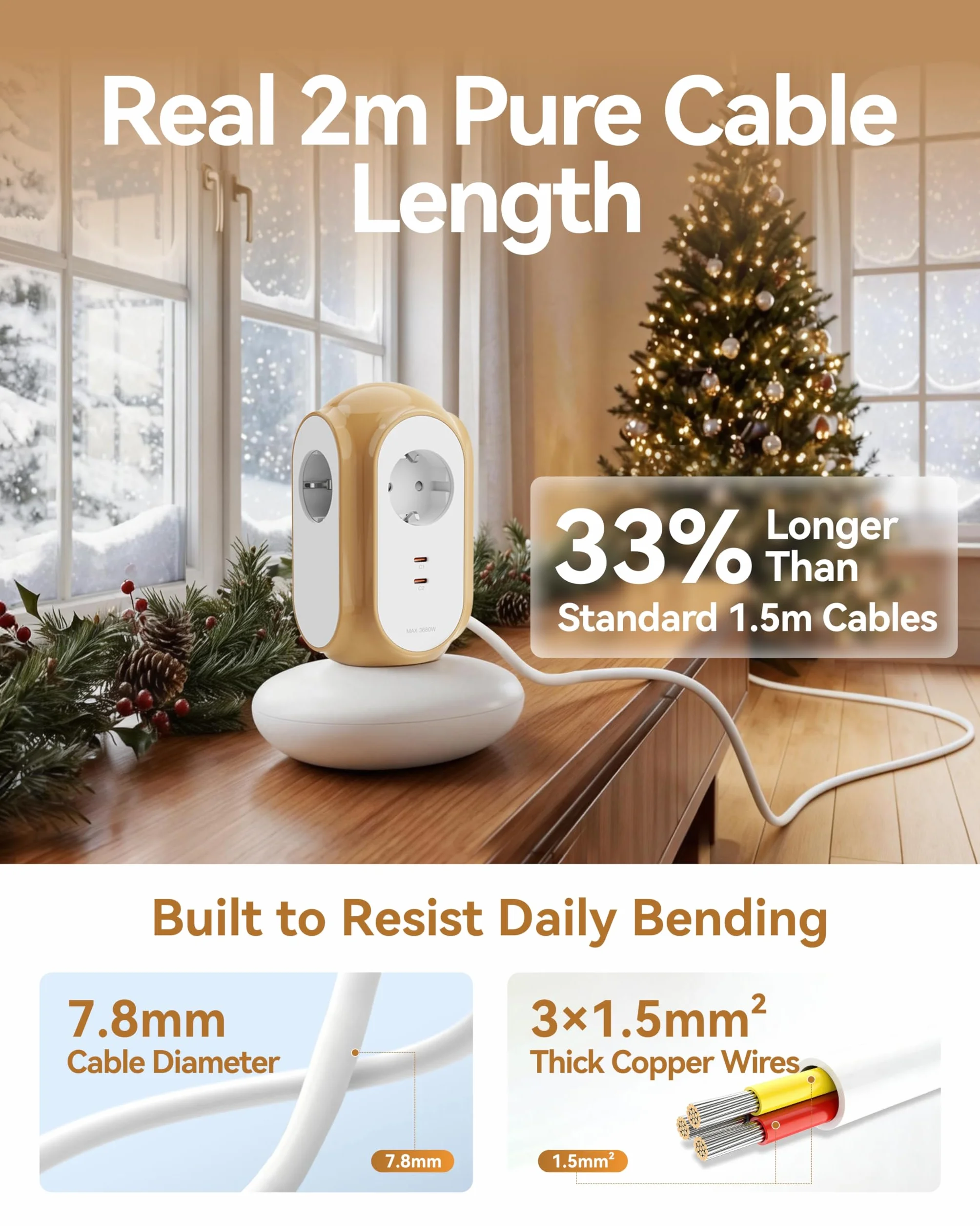 MiaoLab Regleta Eléctrica en Torre con 3 Tomas AC y 2 USB-C (Carga Rápida 30W), 3680W/16A, Protección contra Sobretensiones 1420J, Cable de Extensión 2 m, Protección contra Sobreca (Beige Toscano)