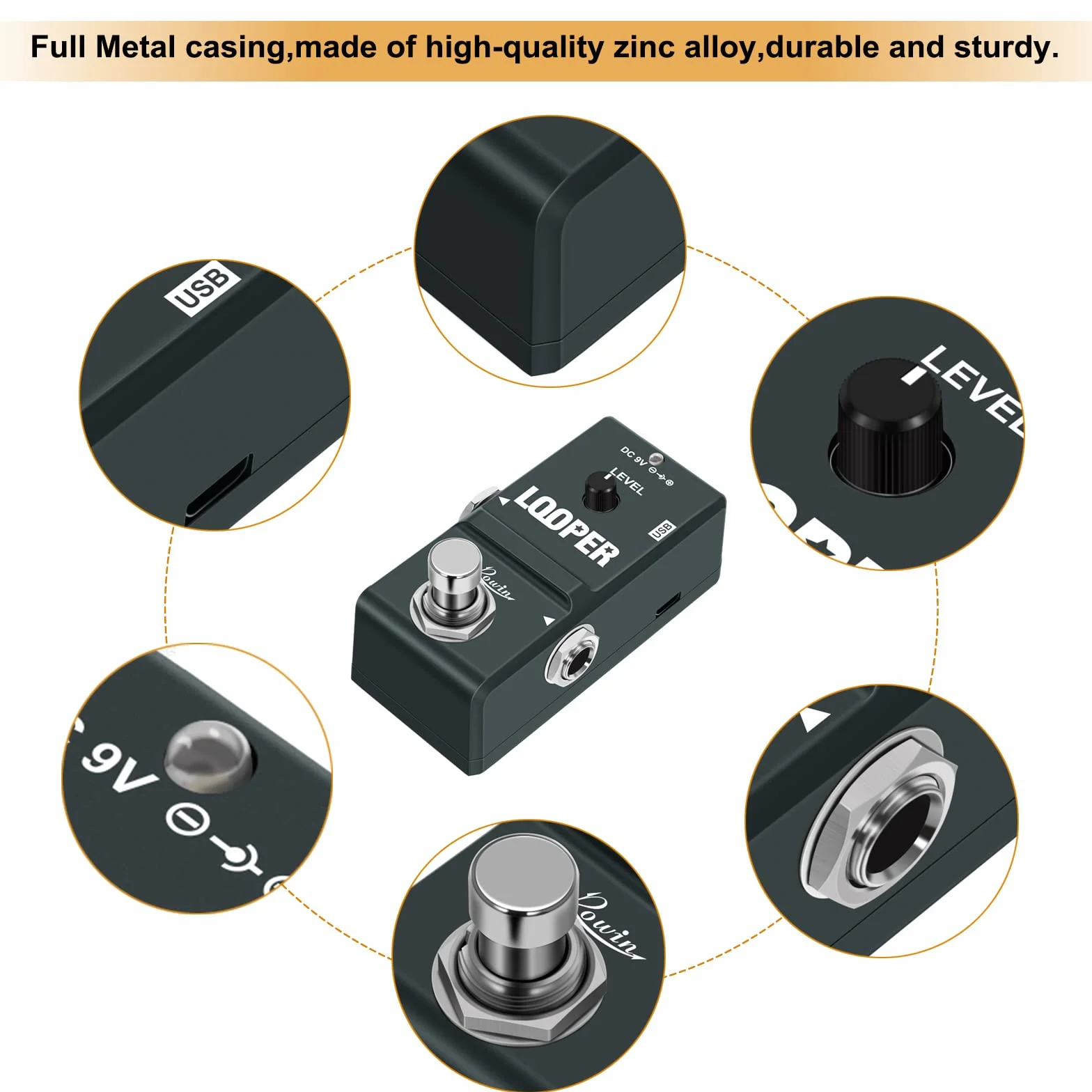Rowin Tiny Looper - Pedal de guitarra con cable USB, bucle de grabación de 10 minutos Staion Unlimited Overdubs para guitarra eléctrica y bajo (LN-332)