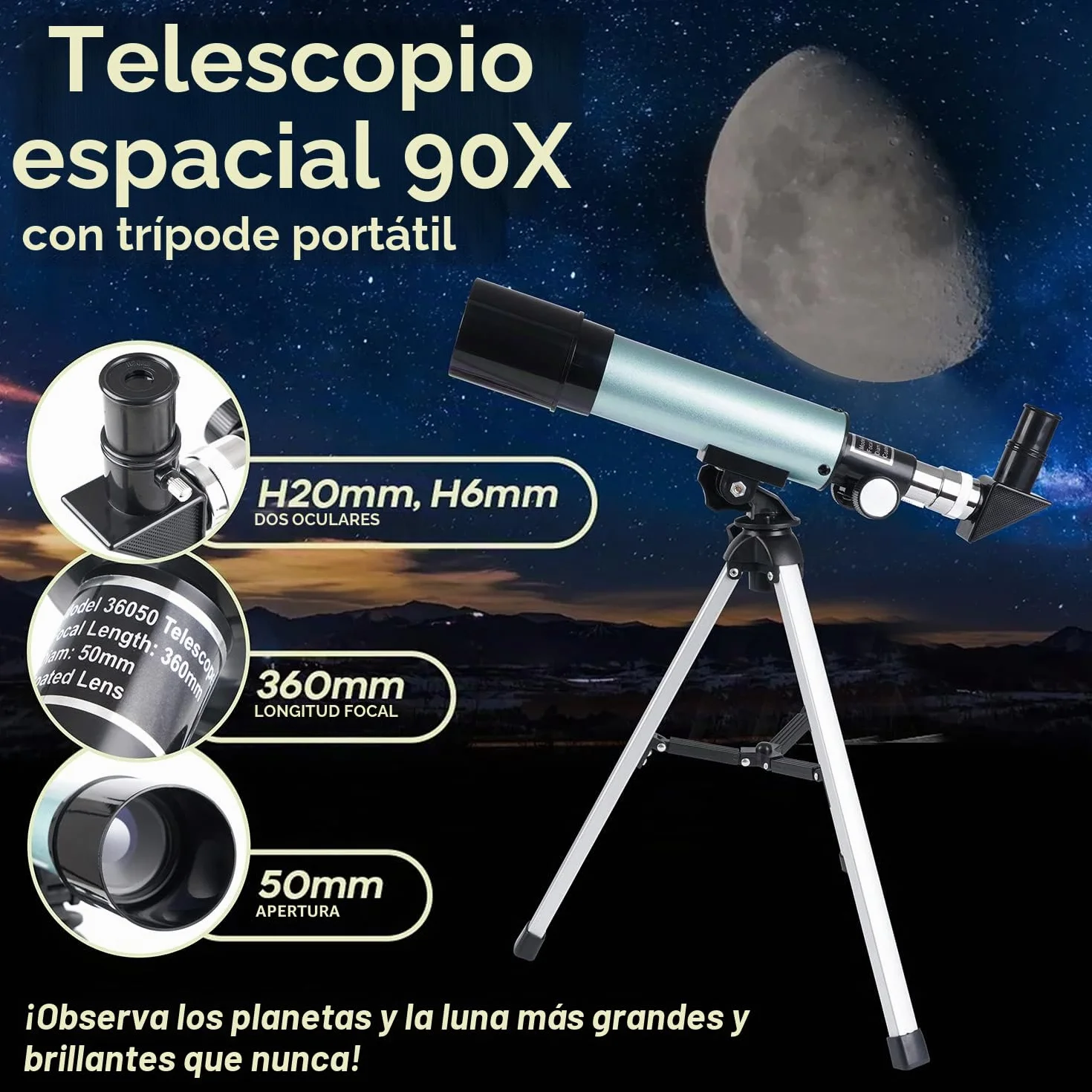 Telescopio Astronómico 360/50mm 90X Refractor con Trípode para Niños Adultos Observar Luna Aves
