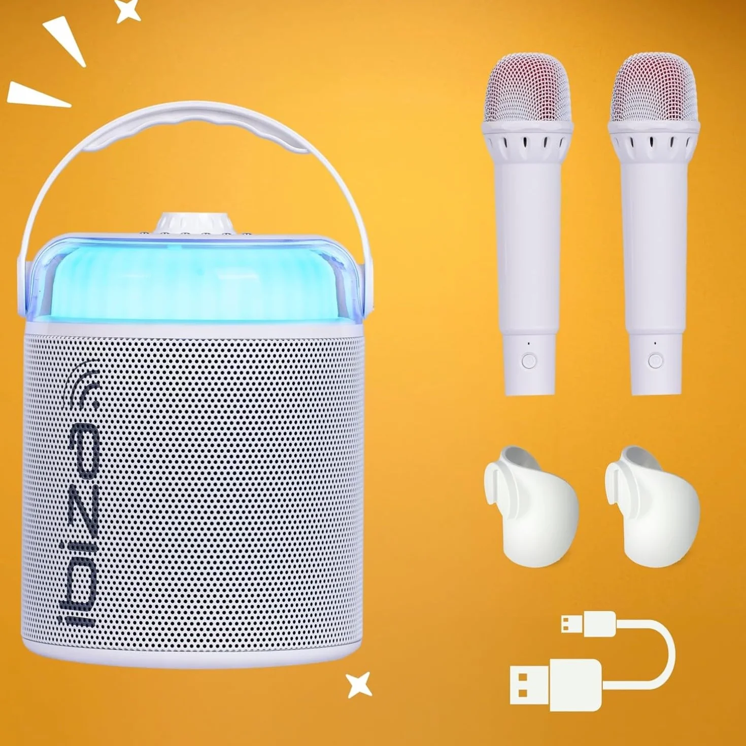 Ibiza Sound – Pack Karaoke Altavoz portátil Bluetooth inalámbrico KARAHOME-WH 120 W USB SD 2 micrófonos – Bola Disco LED RGB Astro-BALL8 Niño