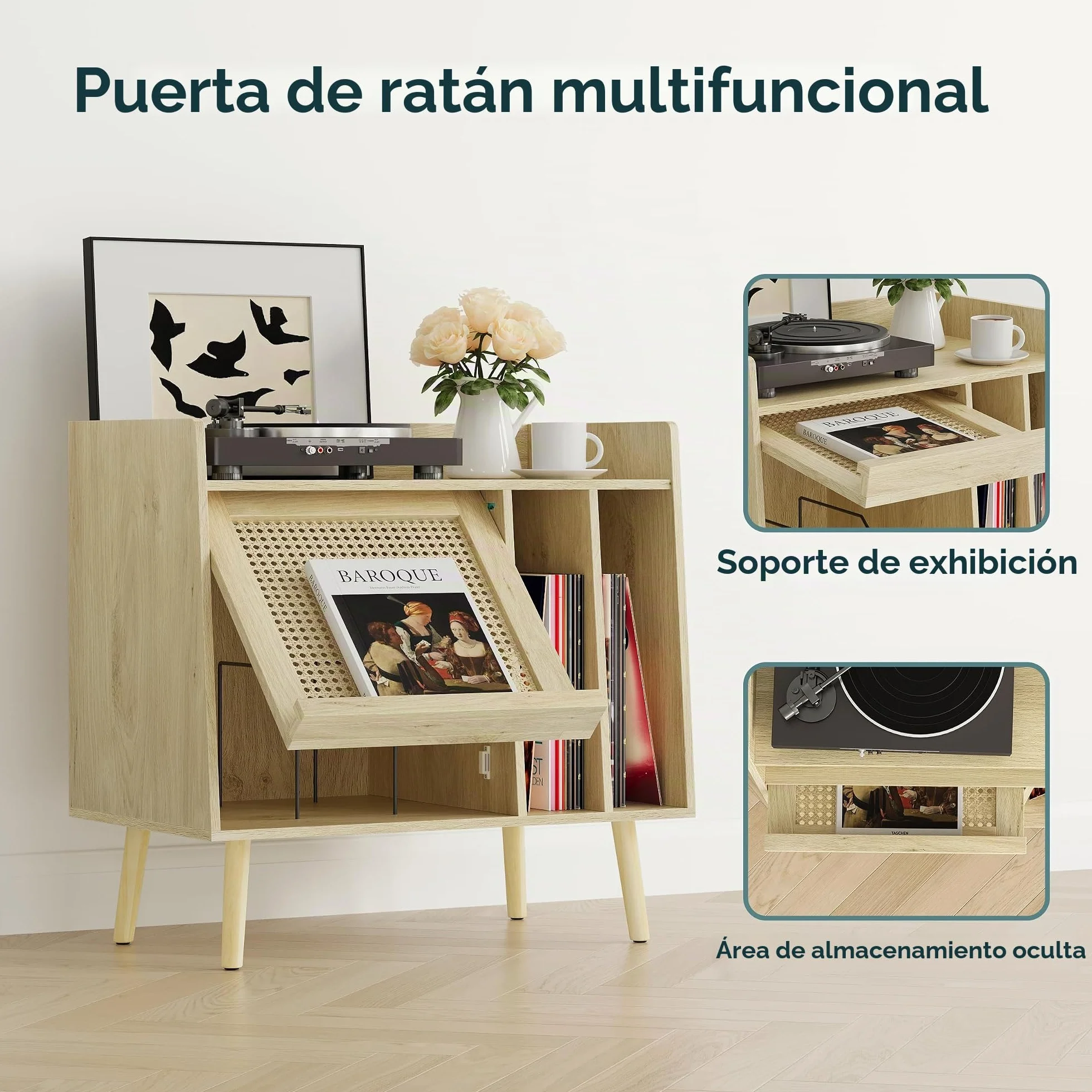 Semiocthome Soporte para tocadiscos con almacenamiento de vinilo, mesa de tocadiscos con puerta de armario de ratán, soporte para discos de vinilo con área de exhibición, mesa auxiliar con patas de