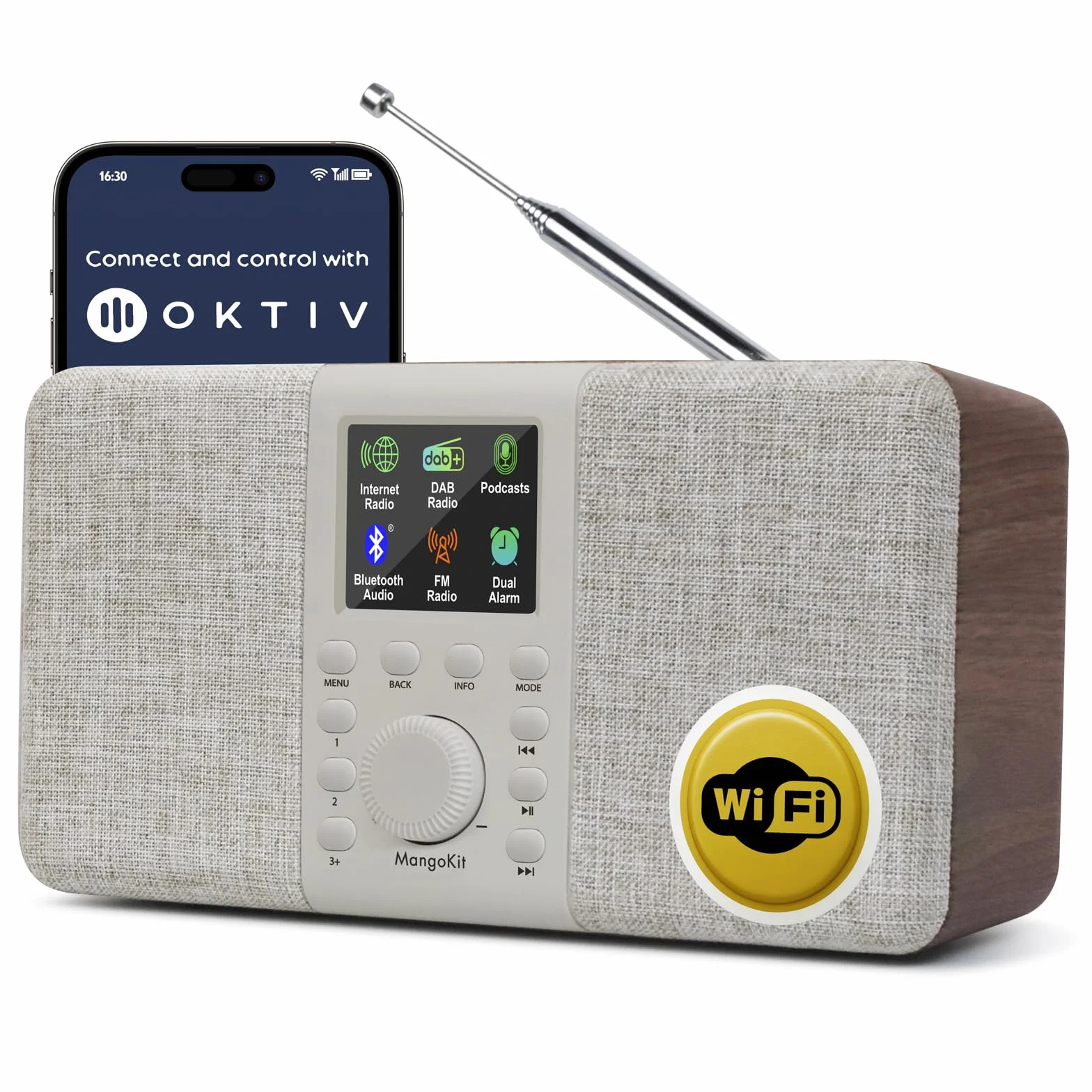 SR20 Radio por Internet con WiFi,Radio Dab Portátil con Altavoz Bluetooth,Reproductor de Podcast,FM,Radios de Cocina de Red y Batería,Sonido Estéreo,Pantalla a Color,Doble Alarma-Walnut