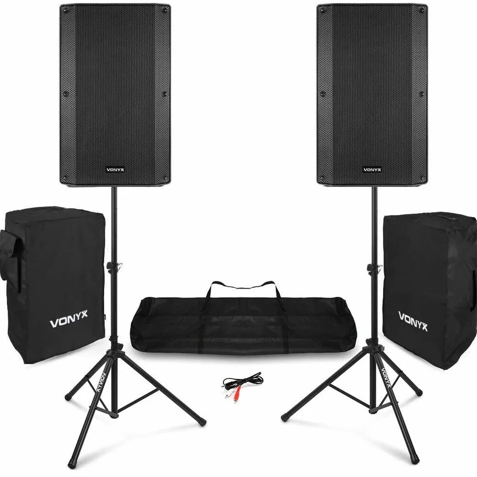 Vonyx VSA150S Sistema de PA Activo portátil 1000 W con 2 Altavoces de 15”, Bluetooth, USB MP3, entradas Micro y Guitarra, Soportes, Fundas Protectoras y Mando a Distancia