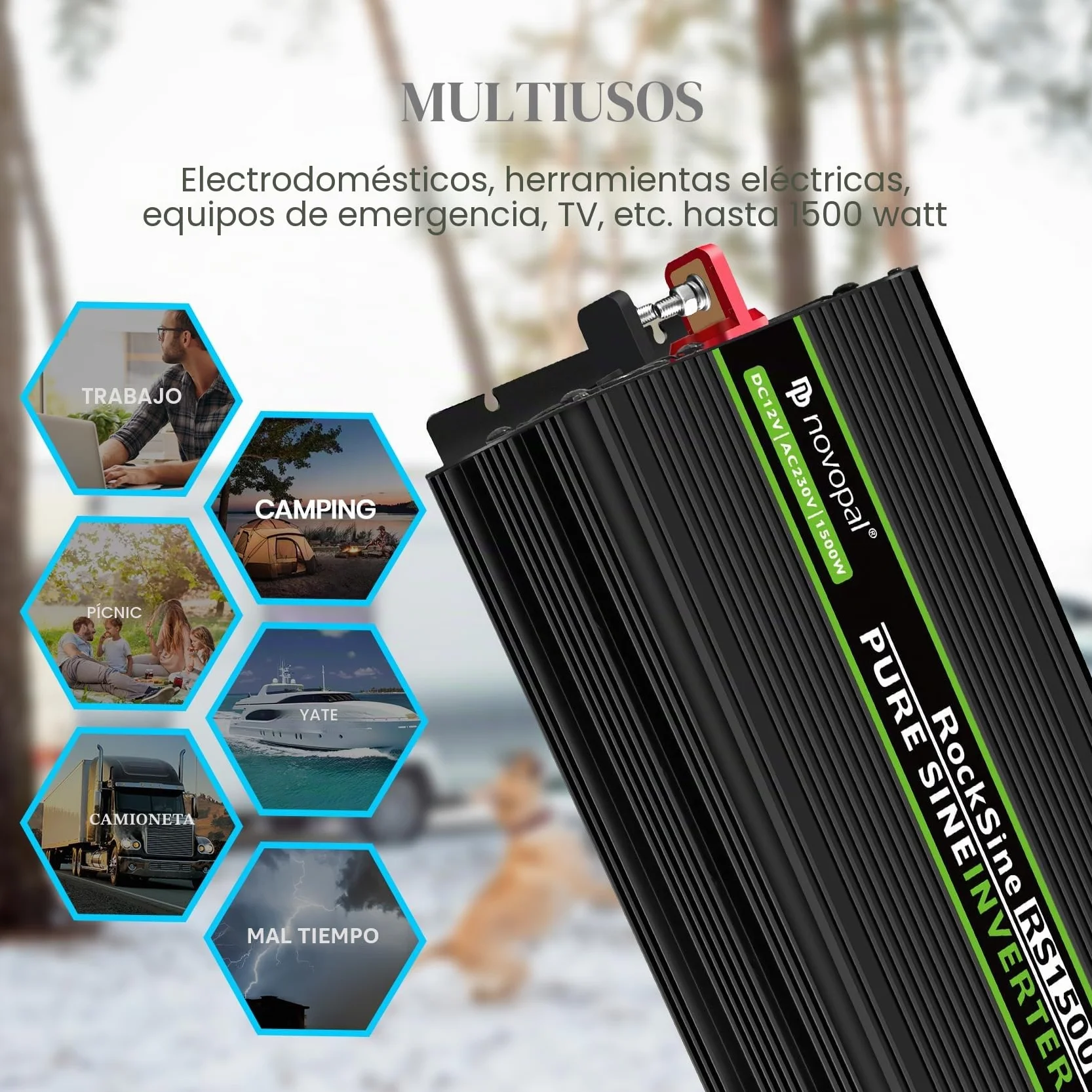 NOVOPAL 1500W Convertidor de Voltaje de Onda Sinusoidal Pura de Coche-Convertidor de Coche 12v a 230v Convertidor - Convertidor de Inversor con 2 Enchufes EU y Puerto USB