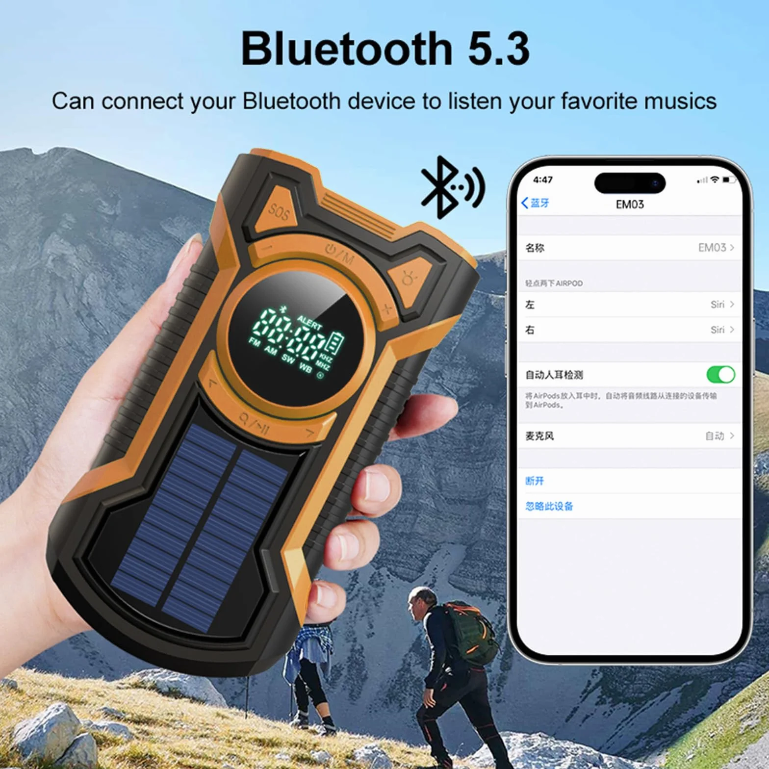 Cargador Solar para Movil, FM/Am Radio Portátil de Emergencia con Manivela y 5000mAh Powerbank y Altavoz Bluetooth Linterna LED y SOS Alarma IPX5 Impermeable Pare Radio de Camping al Aire Libre