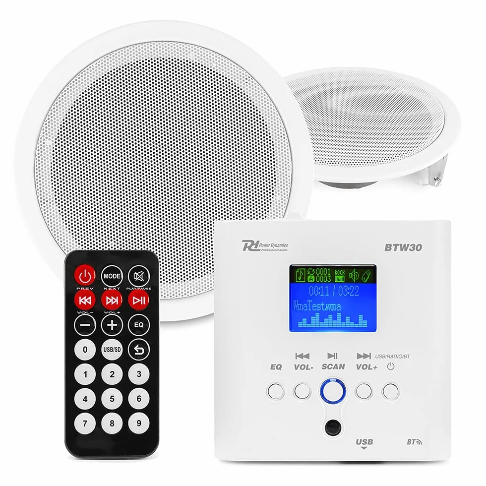 Power Dynamics BTW30SET Sistema de Audio de Pared 2 Altavoces Techo 5" 15W Blanco FM USB Amplificador Clase D