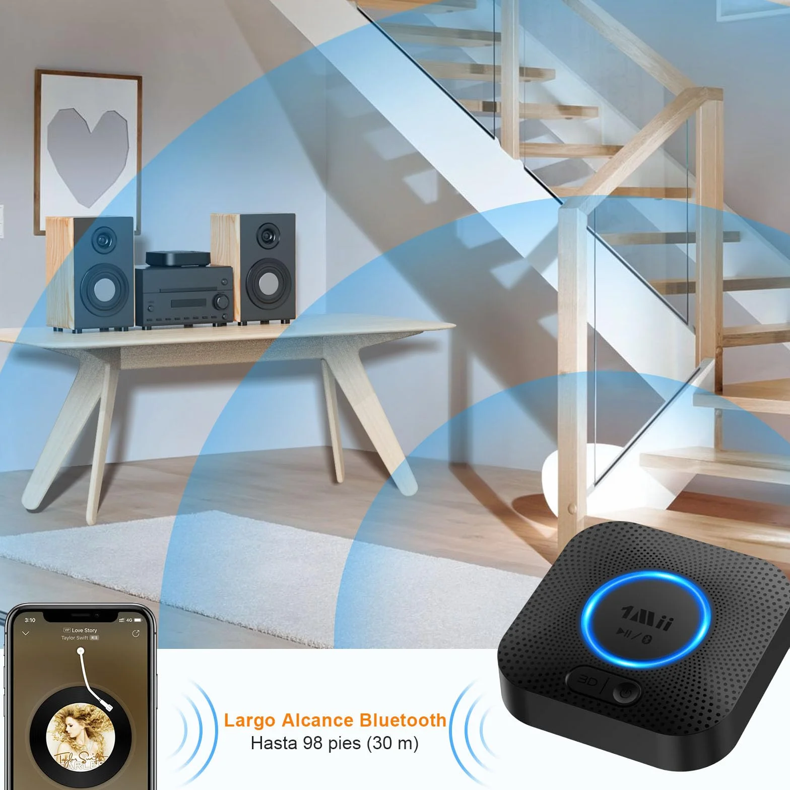 1Mii Bluetooth 5.3 Receptor Audio Adaptador Inalámbrico RCA/AUX 3.5mm Jack 3D Surround 50m