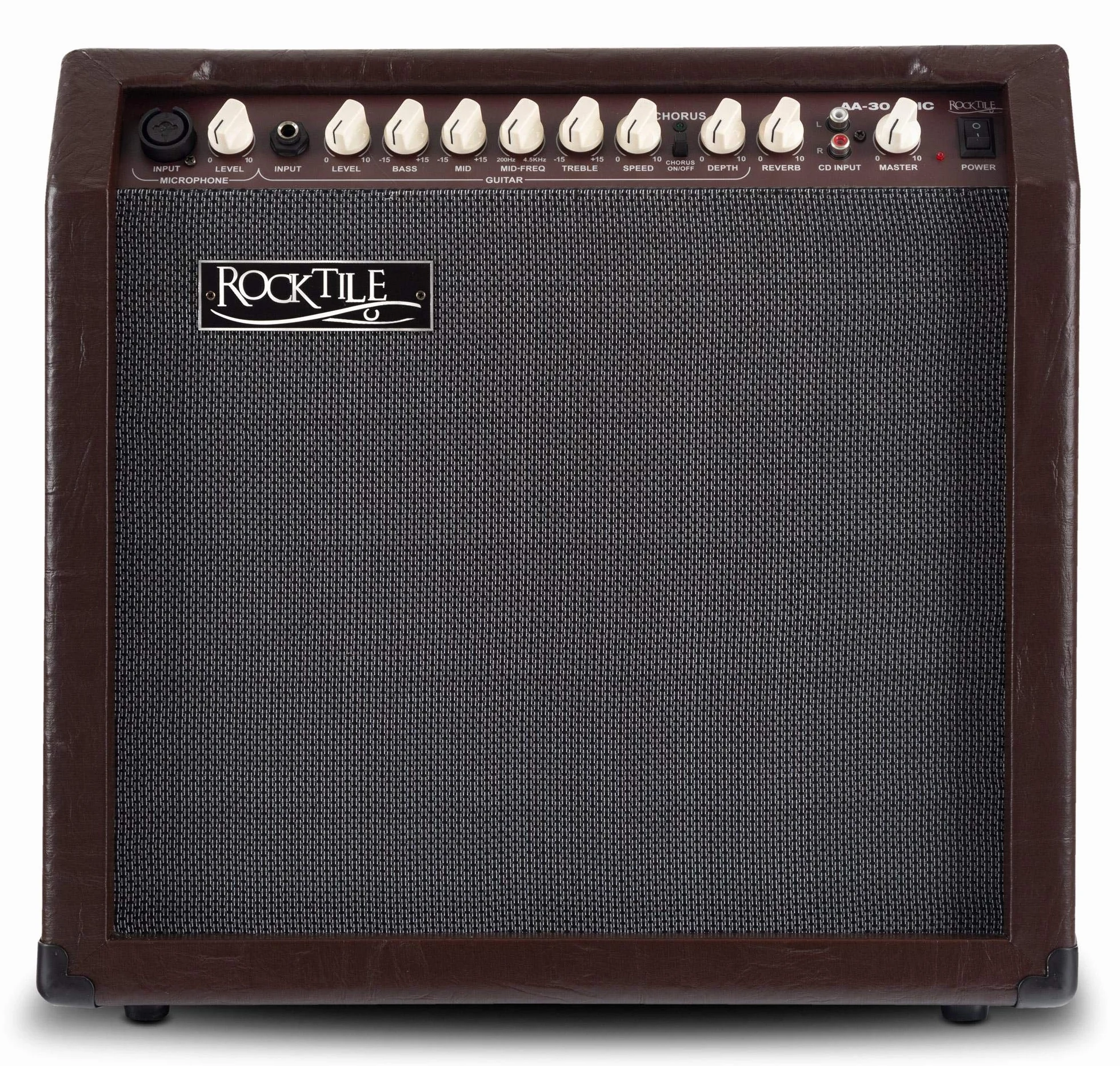 Rocktile AA-30 BN Eric Amplificador Acústico 30W, 2 Canales (Mic y Guitarra), Altavoz 10" + Tweeter 2.5", Entrada AUX, Salida línea, Efectos Chorus y Reverb, Color marrón.