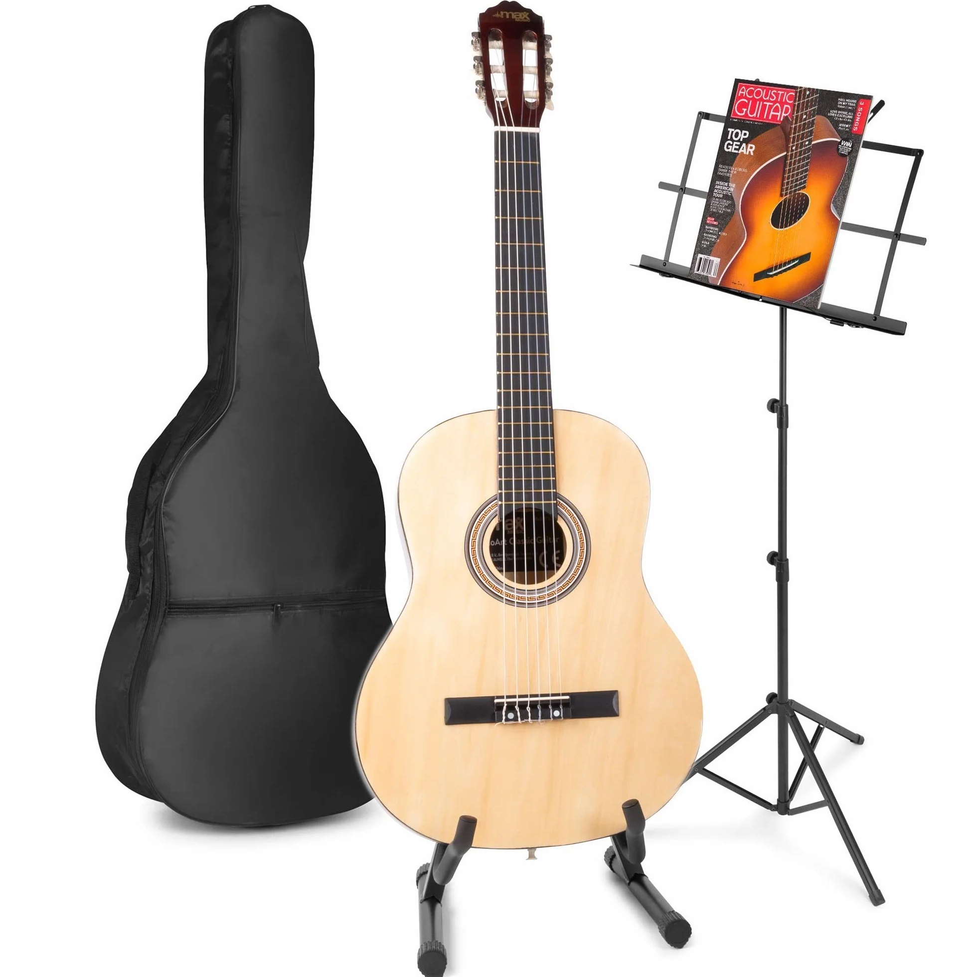 MAX SoloArt Guitarra Clásica Madera Natural – Set Completo para Principiantes con Atril, Soporte, Bolsa, Afinador, Púas, Cuerdas y Correa – Ideal para Jóvenes y Adultos desde 8 Años