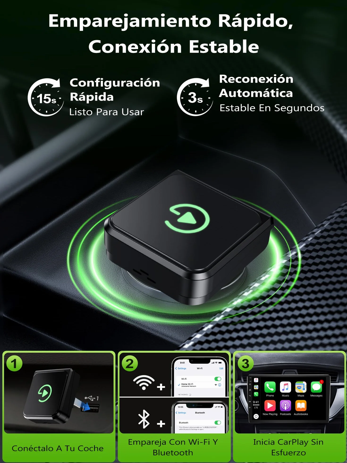 Adaptador CarPlay Inalámbrico Para iPhone:Android Auto Inalámbrico & car play inalambrico - Estable Compatible Con iPhone iOS 10+ Y Smartphones Android, Coches Con CarPlay, Plug and Play, USB A Type C